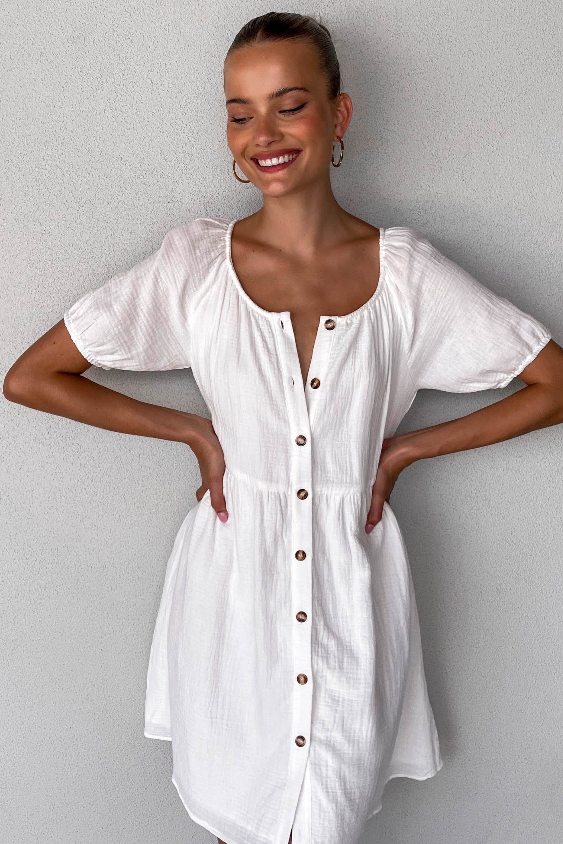 Millane Dress, BALLOON SLEEVE, COTTON & POLYESTER, COTTON AND POLYESTER, DRESS, DRESSES, MINI DRESS, new arrivals, POLYESTER AND COTTON, WHITE, , -MISHKAH