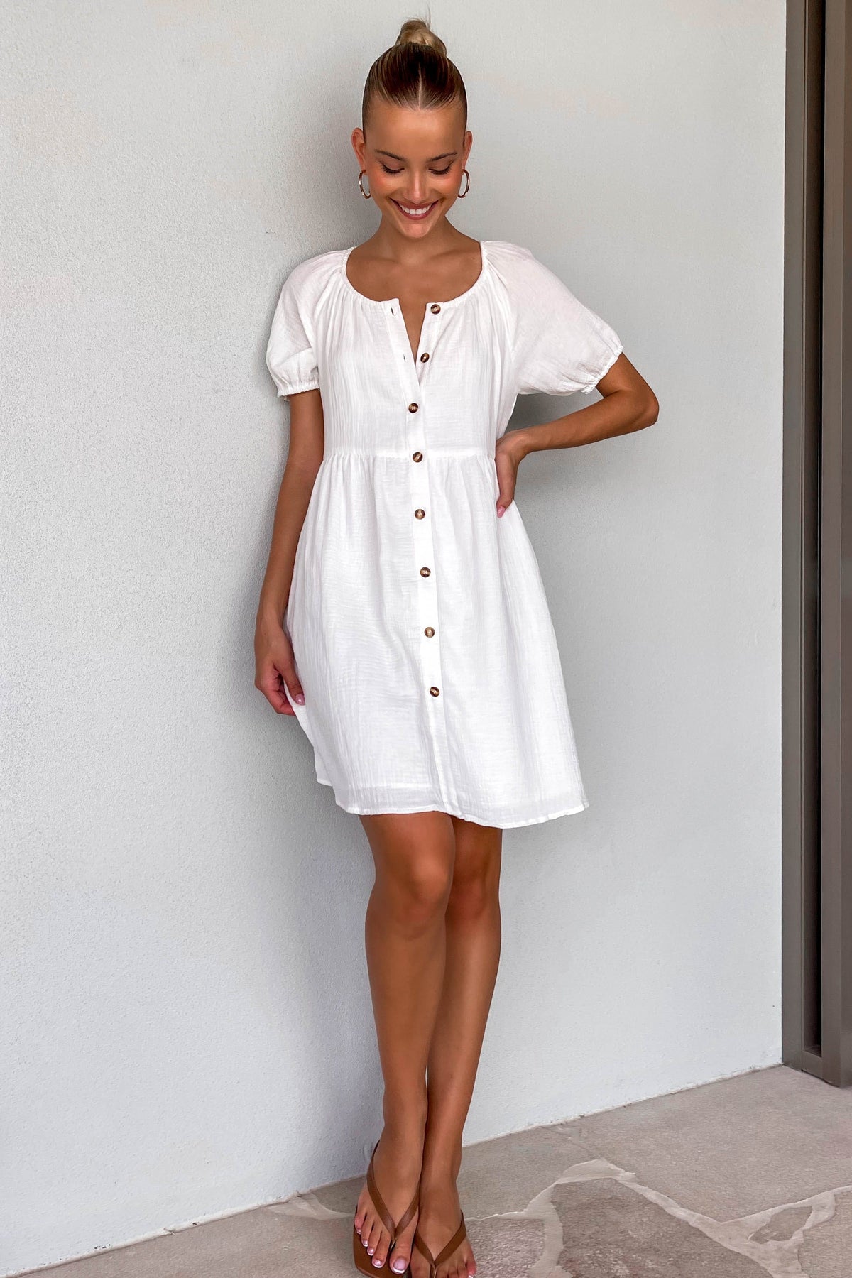 Millane Dress, BALLOON SLEEVE, COTTON &amp; POLYESTER, COTTON AND POLYESTER, DRESS, DRESSES, MINI DRESS, new arrivals, POLYESTER AND COTTON, WHITE, , -MISHKAH