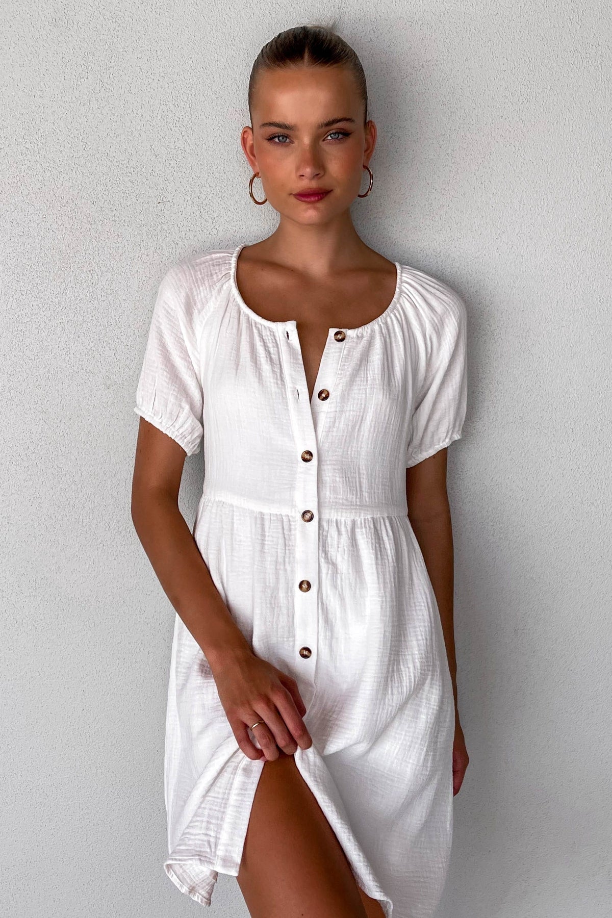 Millane Dress, BALLOON SLEEVE, COTTON &amp; POLYESTER, COTTON AND POLYESTER, DRESS, DRESSES, MINI DRESS, new arrivals, POLYESTER AND COTTON, WHITE, , -MISHKAH
