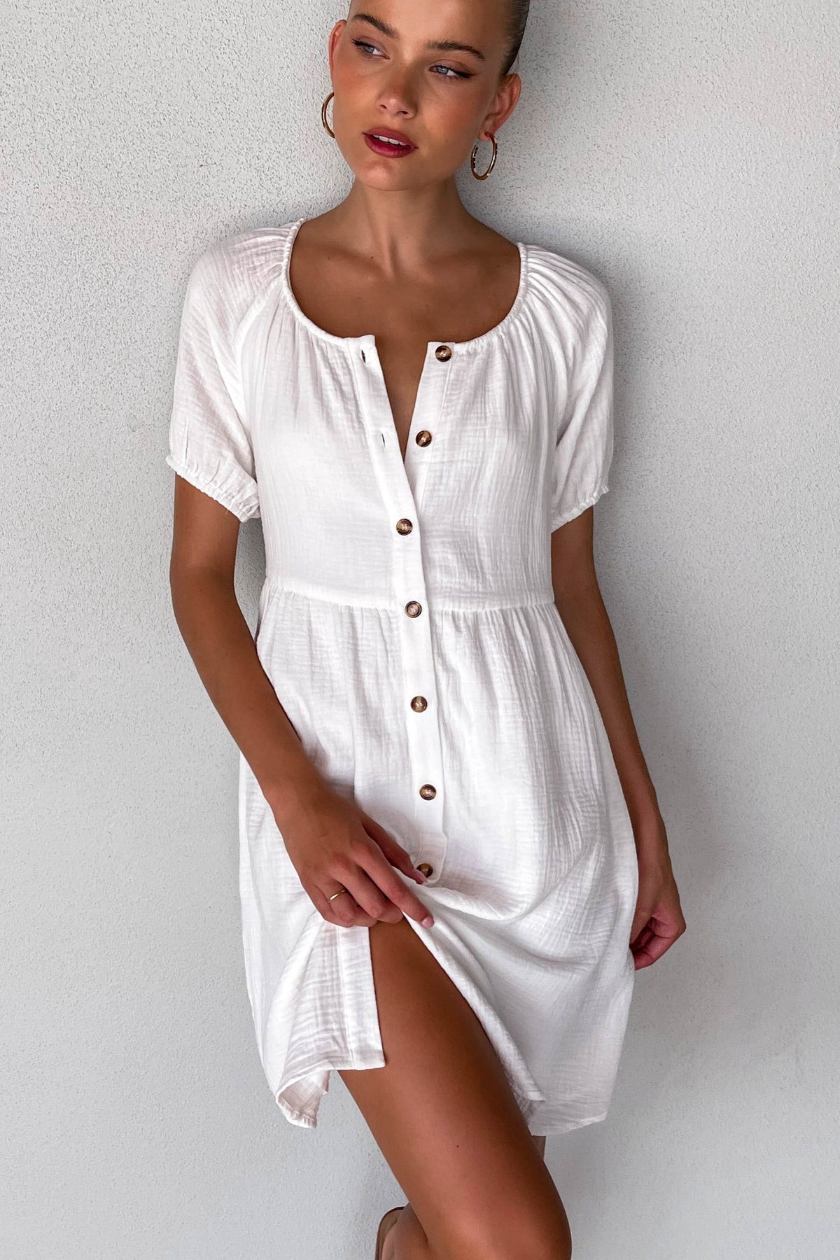 Millane Dress, BALLOON SLEEVE, COTTON &amp; POLYESTER, COTTON AND POLYESTER, DRESS, DRESSES, MINI DRESS, new arrivals, POLYESTER AND COTTON, WHITE, , -MISHKAH