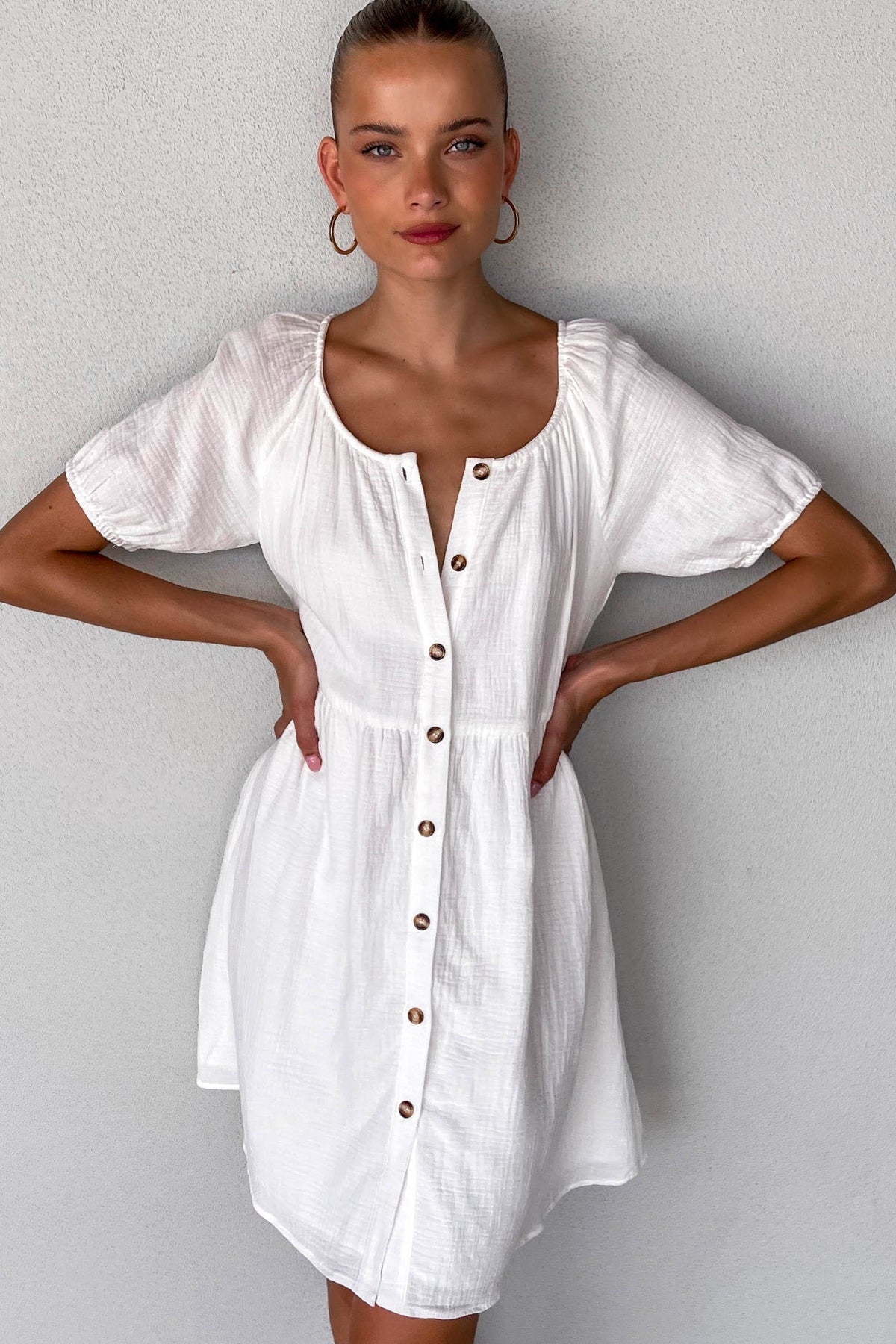 Millane Dress, BALLOON SLEEVE, COTTON &amp; POLYESTER, COTTON AND POLYESTER, DRESS, DRESSES, MINI DRESS, new arrivals, POLYESTER AND COTTON, WHITE, , -MISHKAH