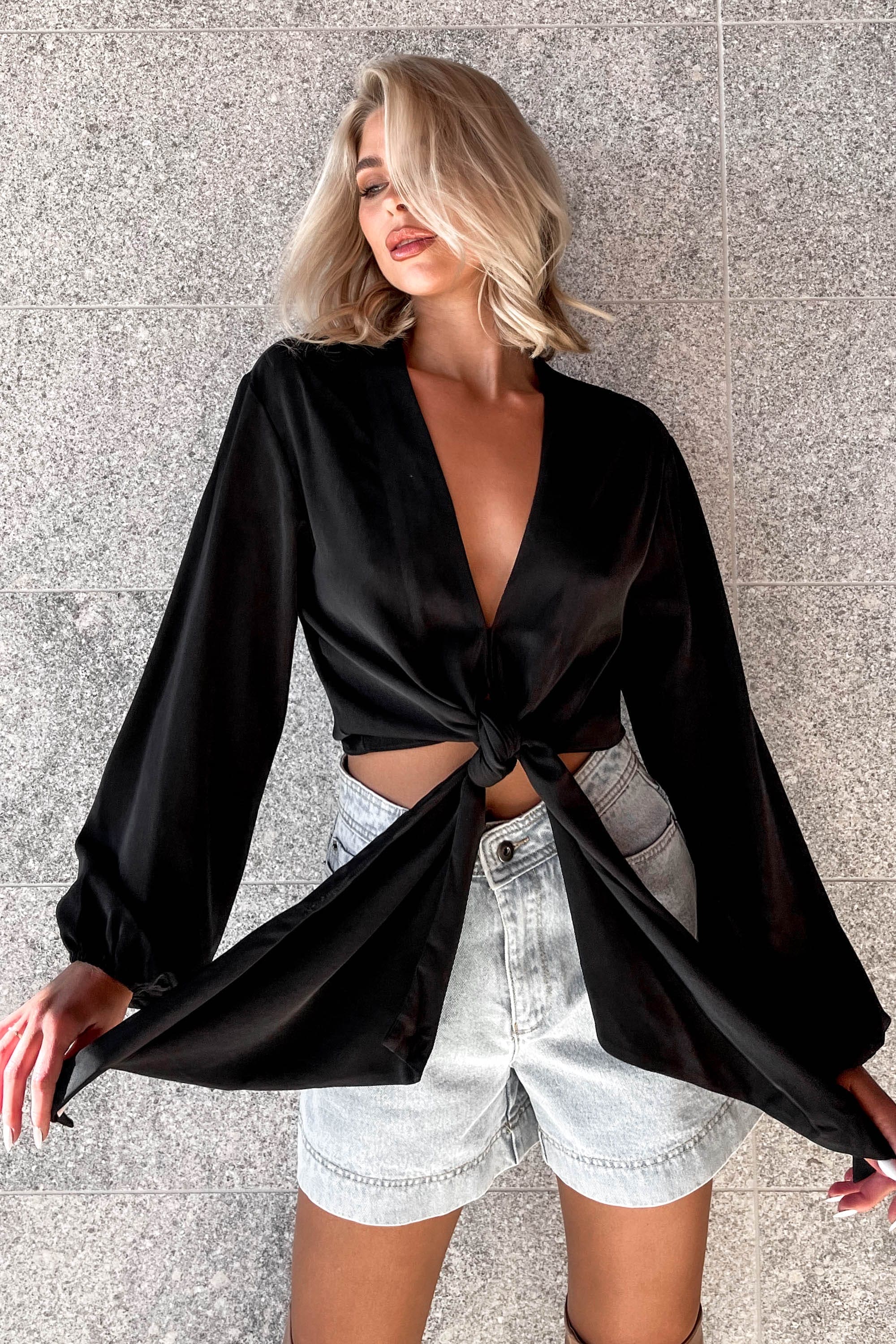 Millie Top, BLACK, COTTON AND POLYESTER, CROP TOP, CROP TOPS, CROPPED, LONG SLEEVE, new arrivals, TOP, TOPS, WRAP TOPS, , -MISHKAH