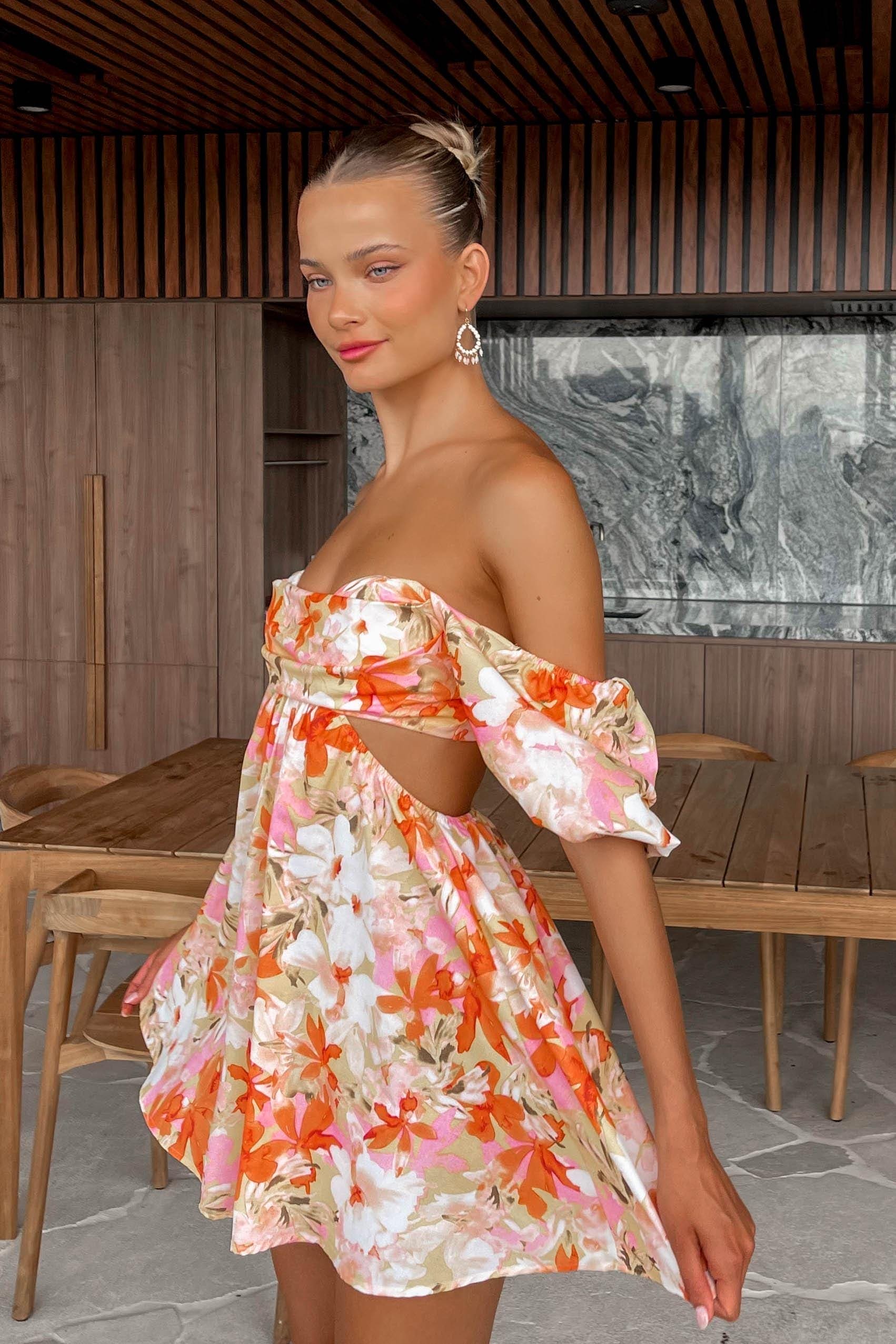 Natalee Dress, DRESS, DRESSES, FLORAL, FLORALS, MINI DRESS, new arrivals, ORANGE, POLYESTER & RAYON, POLYESTER AND RAYON, RAYON AND POLYESTER, , -MISHKAH