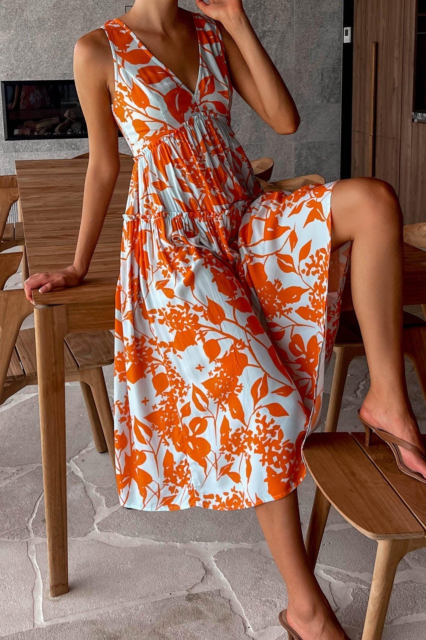 Natalyn Dress, DRESS, DRESSES, FLORAL, FLORALS, MIDI DRESS, new arrivals, ORANGE, RAYON, , -MISHKAH