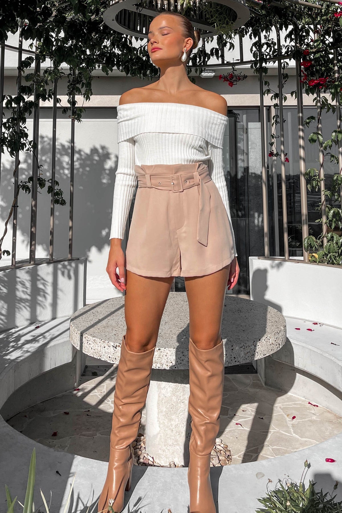 Nowell Shorts, BEIGE, BOTTOMS, HIGH WAISTED SHORTS, new arrivals, POLYESTER &amp; SPANDEX, POLYESTER AND SPANDEX, SHORTS, SPANDEX AND POLYESTER, , -MISHKAH