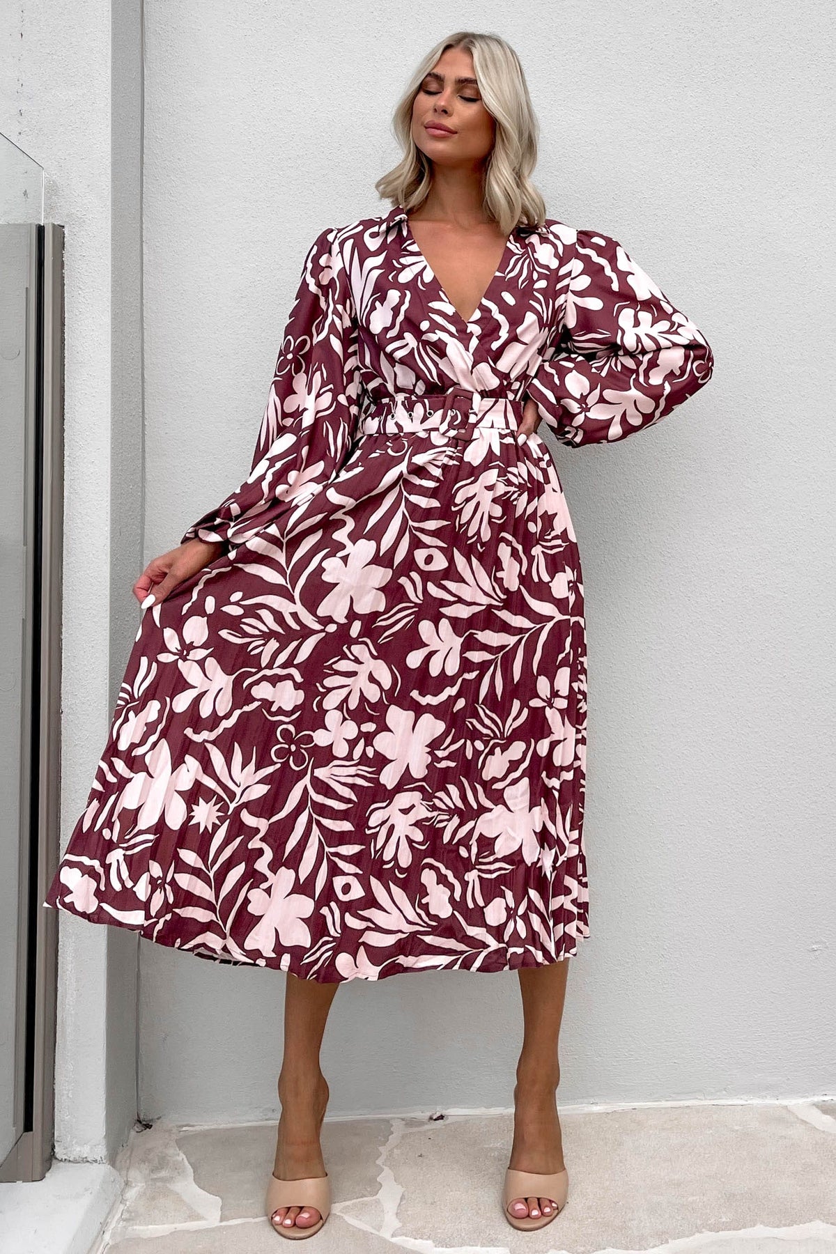 Ollsen Dress, BALLOON SLEEVE, DRESS, DRESSES, LINEN &amp; POLYESTER, LINEN AND POLYESTER, LONG SLEEVE, MIDI DRESS, new arrivals, POLYESTER AND LINEN, PURPLE, , -MISHKAH