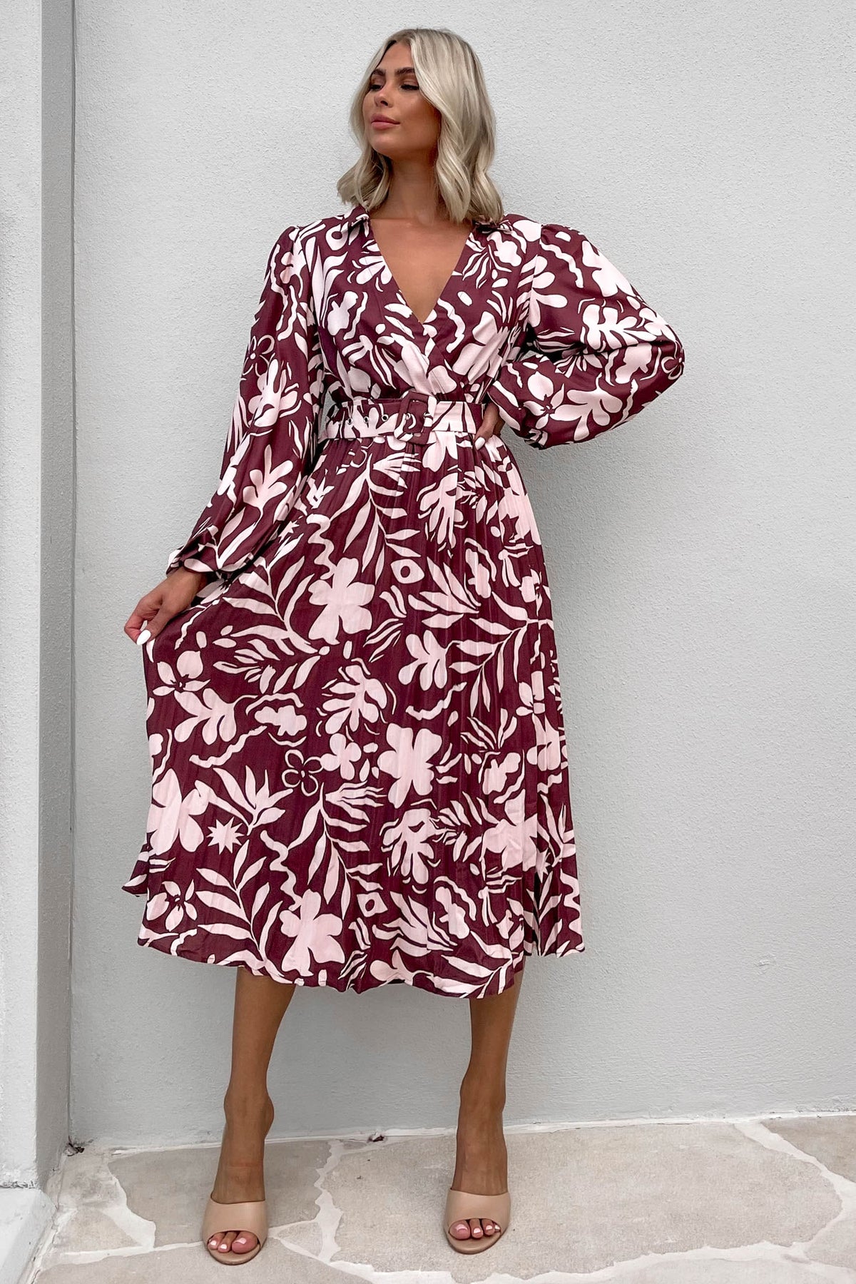 Ollsen Dress, BALLOON SLEEVE, DRESS, DRESSES, LINEN &amp; POLYESTER, LINEN AND POLYESTER, LONG SLEEVE, MIDI DRESS, new arrivals, POLYESTER AND LINEN, PURPLE, , -MISHKAH