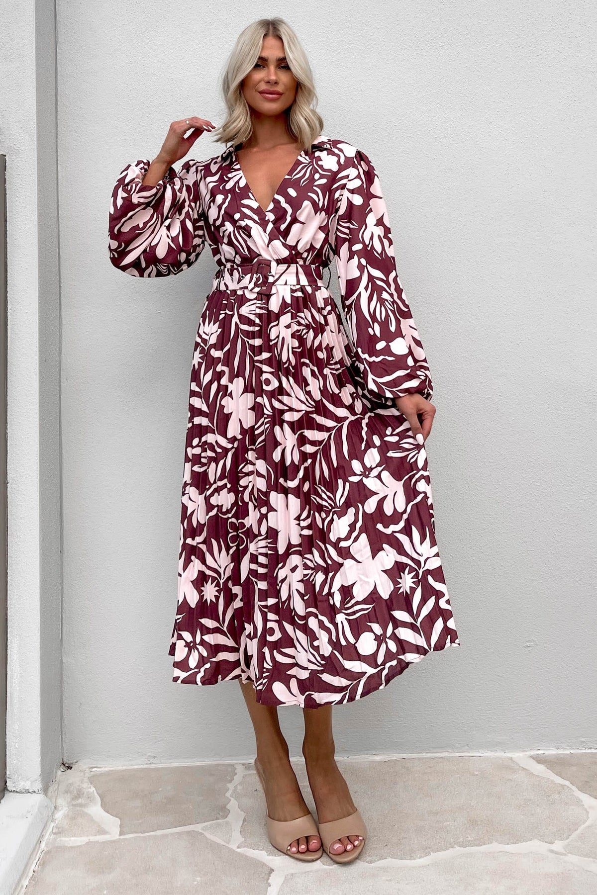 Ollsen Dress, BALLOON SLEEVE, DRESS, DRESSES, LINEN &amp; POLYESTER, LINEN AND POLYESTER, LONG SLEEVE, MIDI DRESS, new arrivals, POLYESTER AND LINEN, PURPLE, , -MISHKAH