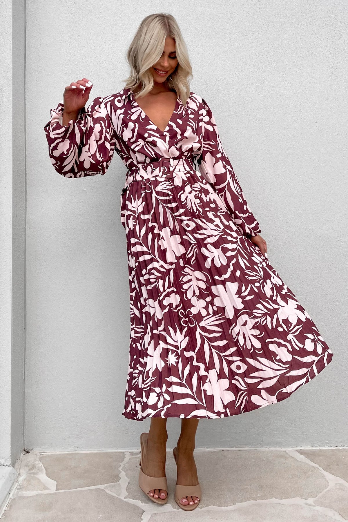 Ollsen Dress, BALLOON SLEEVE, DRESS, DRESSES, LINEN &amp; POLYESTER, LINEN AND POLYESTER, LONG SLEEVE, MIDI DRESS, new arrivals, POLYESTER AND LINEN, PURPLE, , -MISHKAH