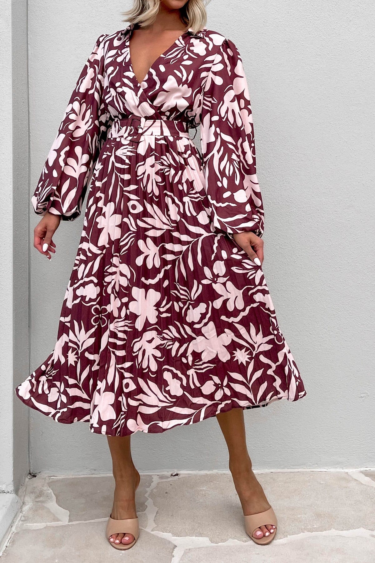 Ollsen Dress, BALLOON SLEEVE, DRESS, DRESSES, LINEN &amp; POLYESTER, LINEN AND POLYESTER, LONG SLEEVE, MIDI DRESS, new arrivals, POLYESTER AND LINEN, PURPLE, , -MISHKAH