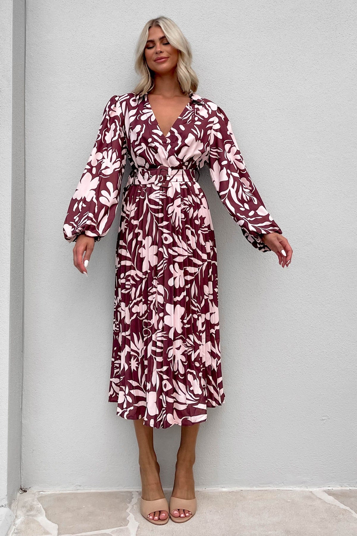 Ollsen Dress, BALLOON SLEEVE, DRESS, DRESSES, LINEN &amp; POLYESTER, LINEN AND POLYESTER, LONG SLEEVE, MIDI DRESS, new arrivals, POLYESTER AND LINEN, PURPLE, , -MISHKAH