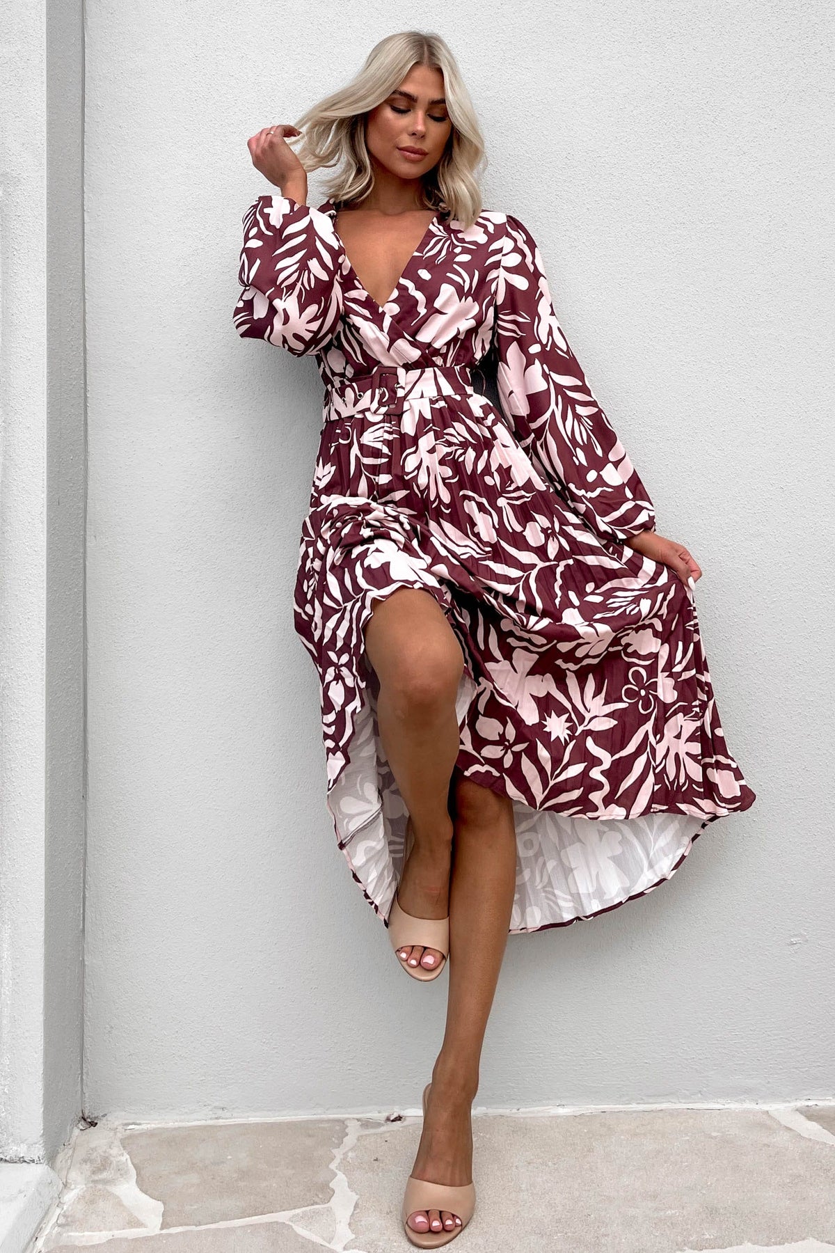 Ollsen Dress, BALLOON SLEEVE, DRESS, DRESSES, LINEN &amp; POLYESTER, LINEN AND POLYESTER, LONG SLEEVE, MIDI DRESS, new arrivals, POLYESTER AND LINEN, PURPLE, , -MISHKAH