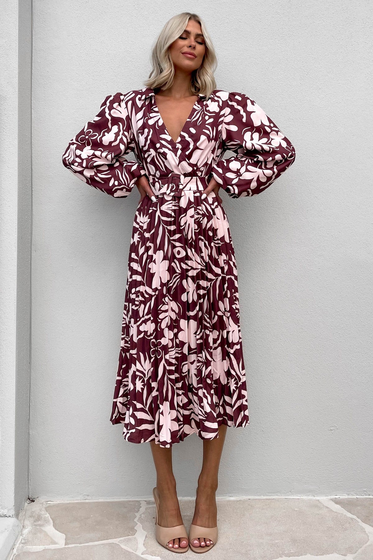 Ollsen Dress, BALLOON SLEEVE, DRESS, DRESSES, LINEN &amp; POLYESTER, LINEN AND POLYESTER, LONG SLEEVE, MIDI DRESS, new arrivals, POLYESTER AND LINEN, PURPLE, , -MISHKAH