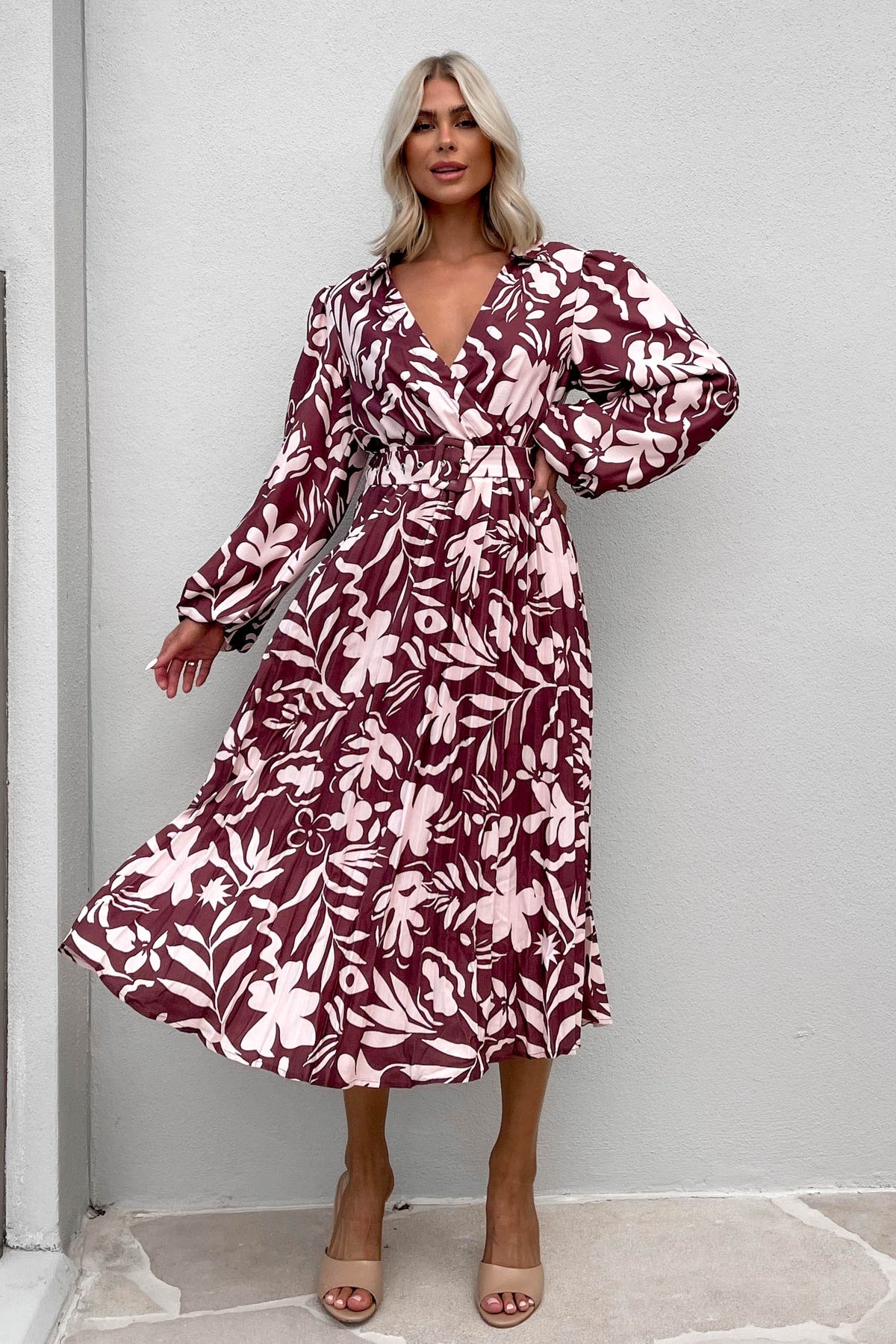 Ollsen Dress, BALLOON SLEEVE, DRESS, DRESSES, LINEN &amp; POLYESTER, LINEN AND POLYESTER, LONG SLEEVE, MIDI DRESS, new arrivals, POLYESTER AND LINEN, PURPLE, , -MISHKAH