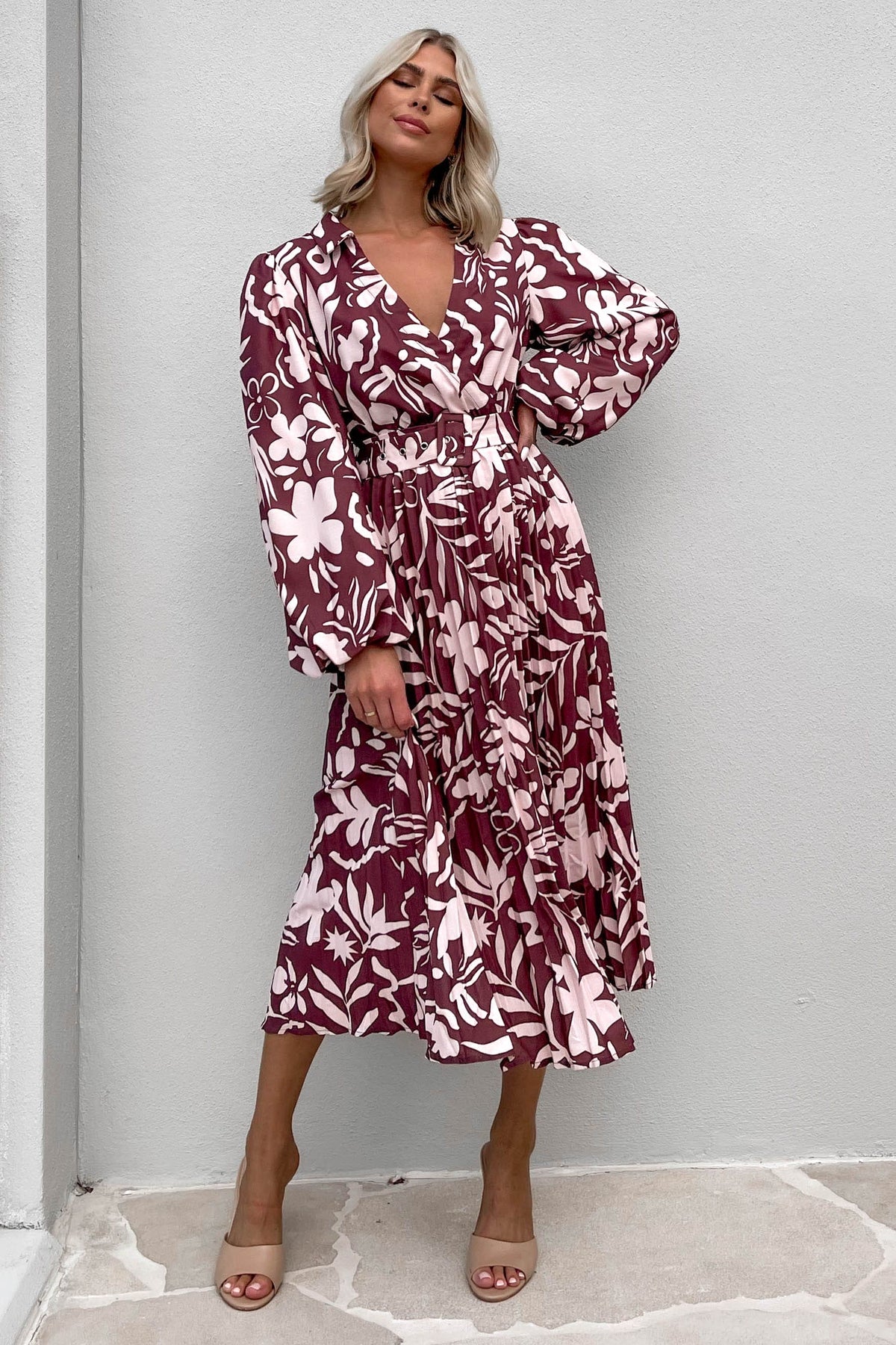 Ollsen Dress, BALLOON SLEEVE, DRESS, DRESSES, LINEN &amp; POLYESTER, LINEN AND POLYESTER, LONG SLEEVE, MIDI DRESS, new arrivals, POLYESTER AND LINEN, PURPLE, , -MISHKAH