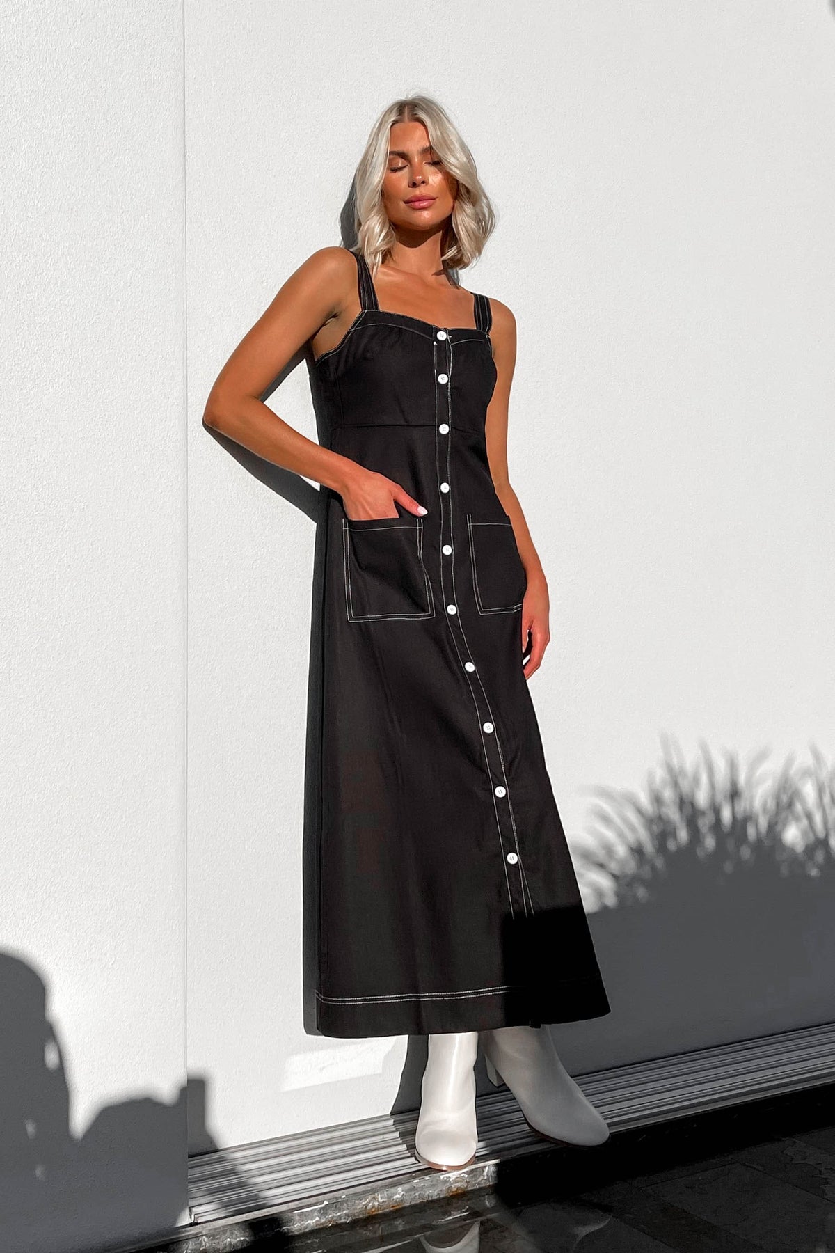 Ottile Dress, BLACK, DRESS, DRESSES, MAXI DRESS, MIDI DRESS, new arrivals, VISCOSE AND LINEN AND COTTON AND POLYESTER, , -MISHKAH