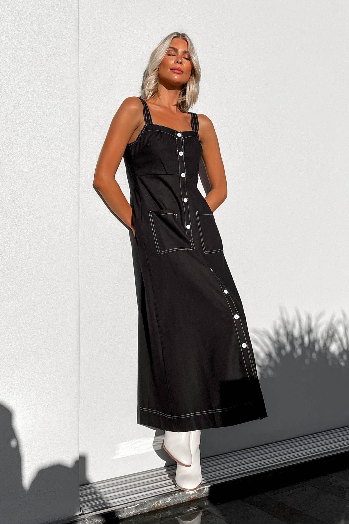 Ottile Dress, BLACK, DRESS, DRESSES, MAXI DRESS, MIDI DRESS, new arrivals, VISCOSE AND LINEN AND COTTON AND POLYESTER, , -MISHKAH