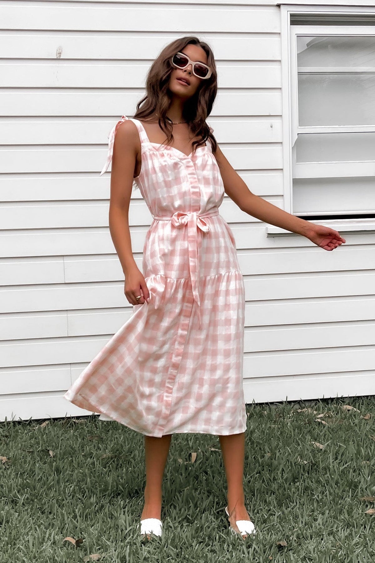 Places To Be Dress, BUTTON UP, CHECK, COTTON, DRESS, DRESSES, MIDI DRESS, PINK, POLYESTER, PRINT, Sale, TIE UP STRAPS, WAIST TIE, Places To Be Dress only $66.00 @ MISHKAH ONLINE FASHION BOUTIQUE, Shop The Latest Women&#39;s Dresses - Our New Places To Be Dress is only $66.00, @ MISHKAH ONLINE FASHION BOUTIQUE-MISHKAH