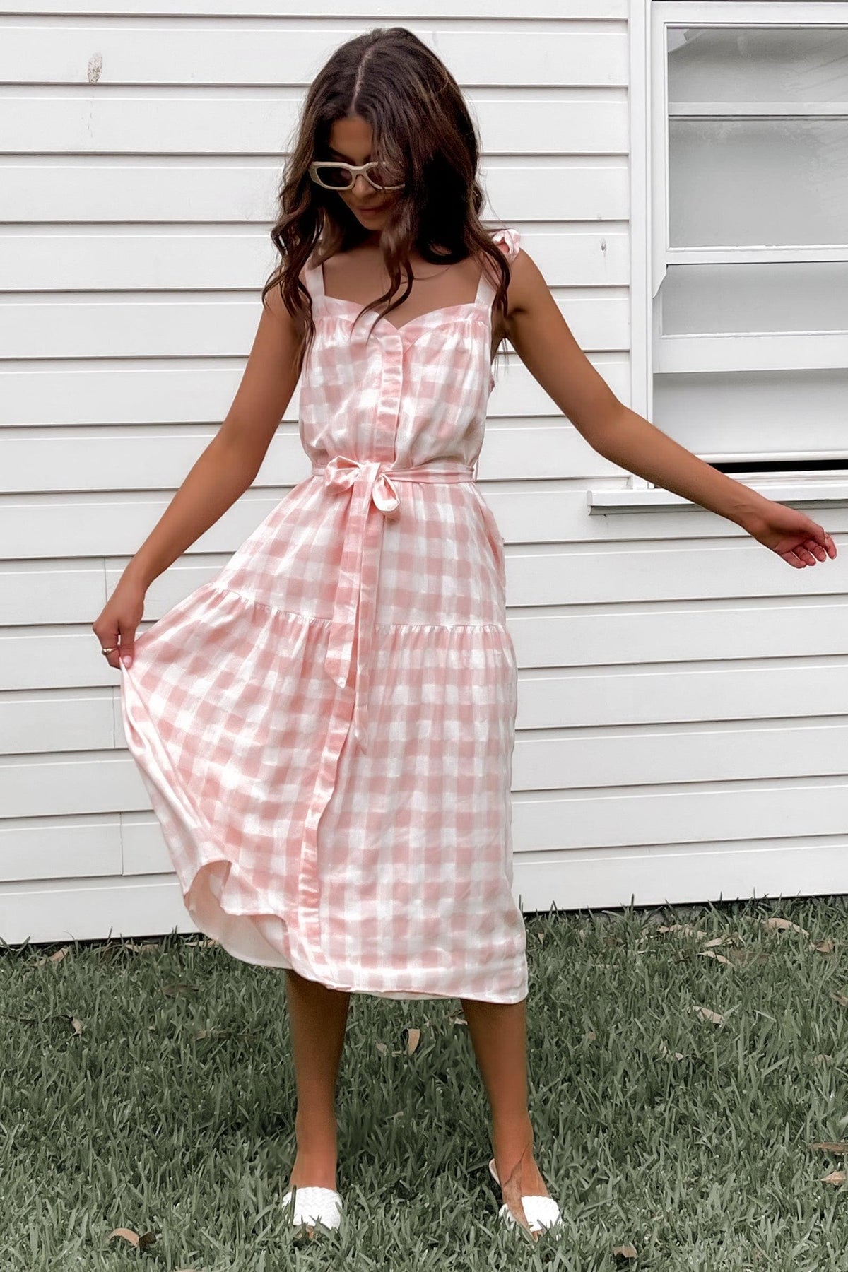 Places To Be Dress, BUTTON UP, CHECK, COTTON, DRESS, DRESSES, MIDI DRESS, PINK, POLYESTER, PRINT, Sale, TIE UP STRAPS, WAIST TIE, Places To Be Dress only $66.00 @ MISHKAH ONLINE FASHION BOUTIQUE, Shop The Latest Women&#39;s Dresses - Our New Places To Be Dress is only $66.00, @ MISHKAH ONLINE FASHION BOUTIQUE-MISHKAH