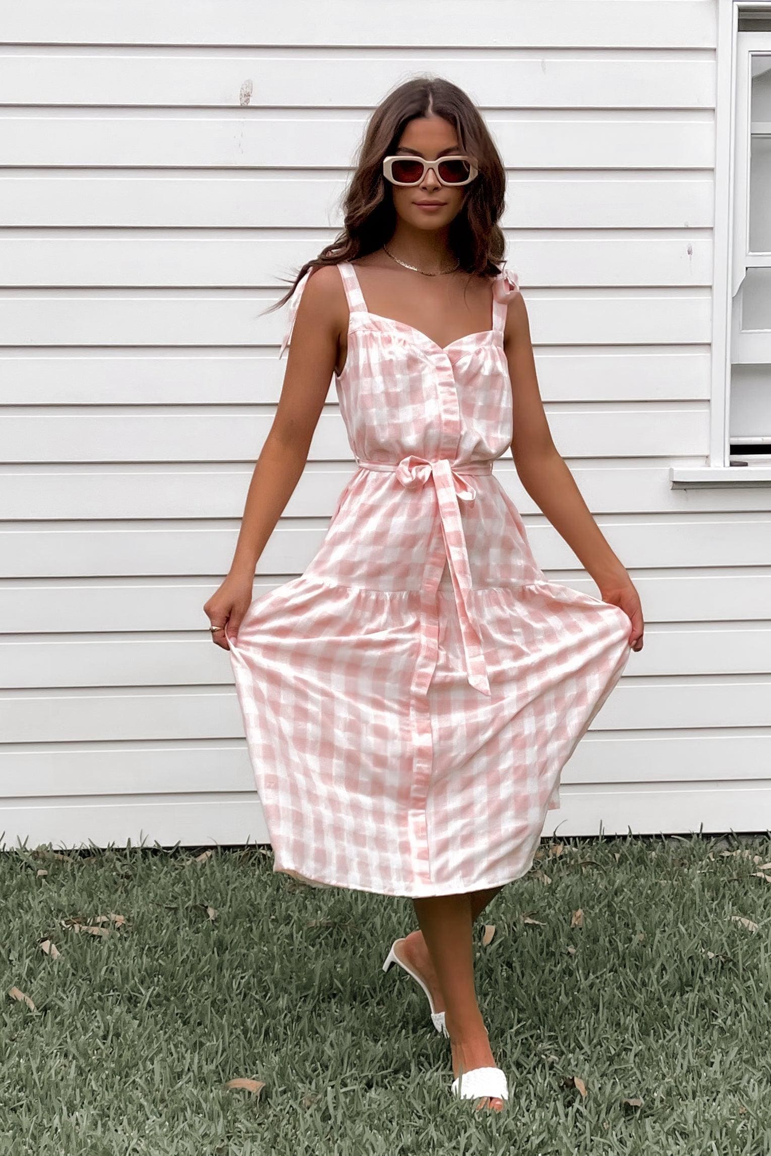 Places To Be Dress, BUTTON UP, CHECK, COTTON, DRESS, DRESSES, MIDI DRESS, PINK, POLYESTER, PRINT, Sale, TIE UP STRAPS, WAIST TIE, Places To Be Dress only $66.00 @ MISHKAH ONLINE FASHION BOUTIQUE, Shop The Latest Women's Dresses - Our New Places To Be Dress is only $66.00, @ MISHKAH ONLINE FASHION BOUTIQUE-MISHKAH