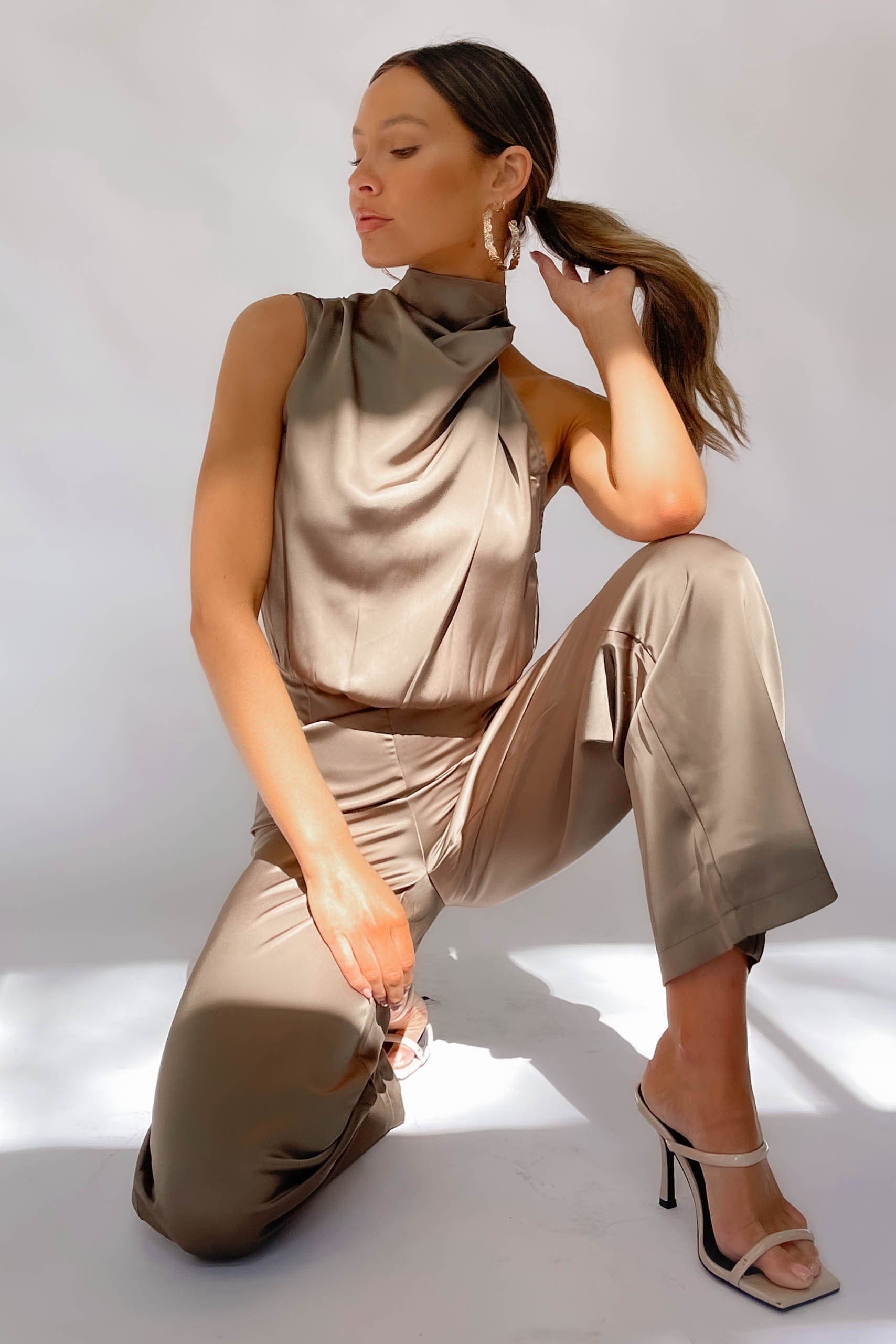 Ramie Jumpsuit, BROWN, JUMPSUIT, JUMPSUITS, NEW ARRIVALS, POLYESTER, , -MISHKAH