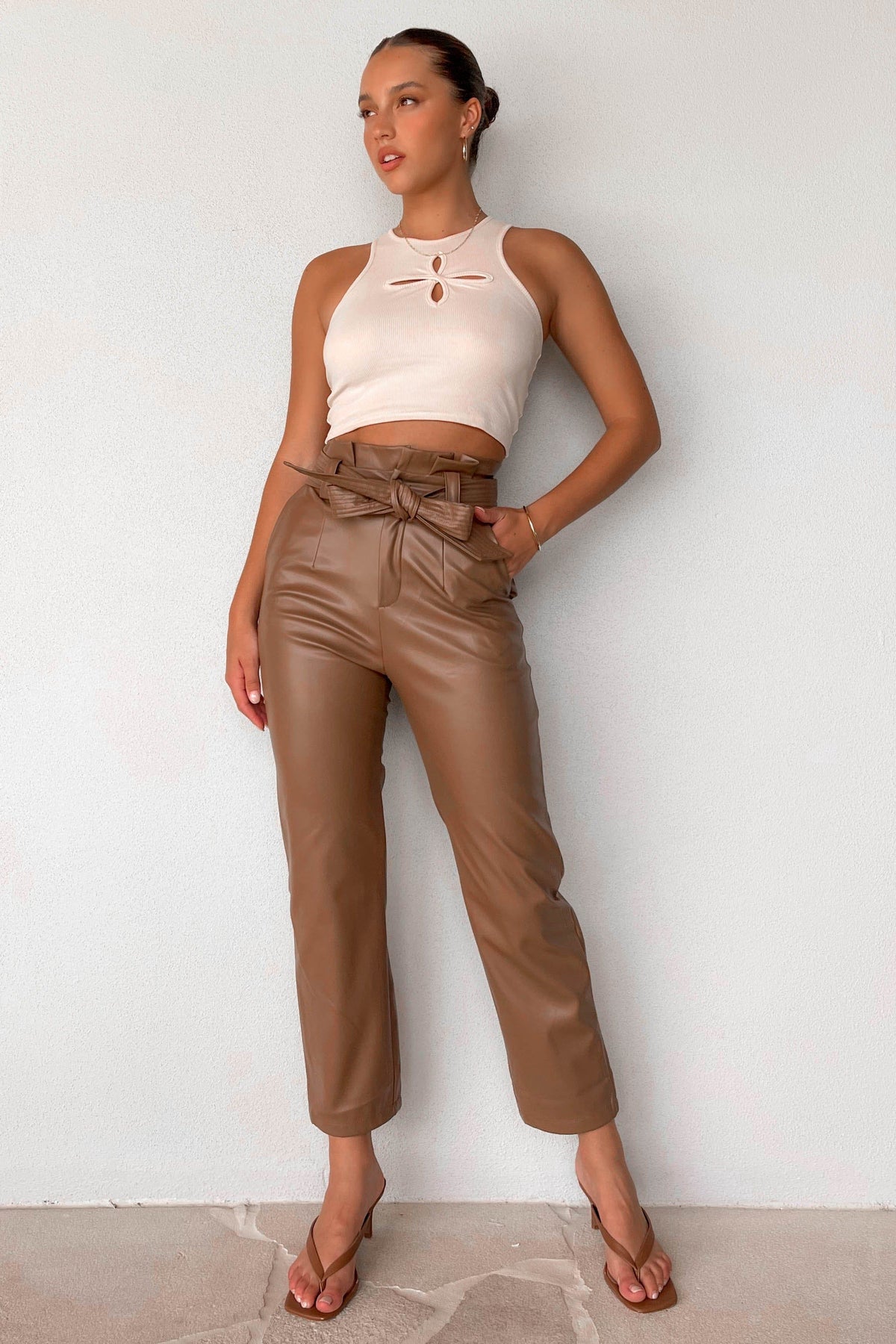 Reality Pants, BOTTOMS, BROWN, HIGH WAISTED PANTS, new arrivals, PANTS, PU AND POLYESTER AND RAYON, , -MISHKAH