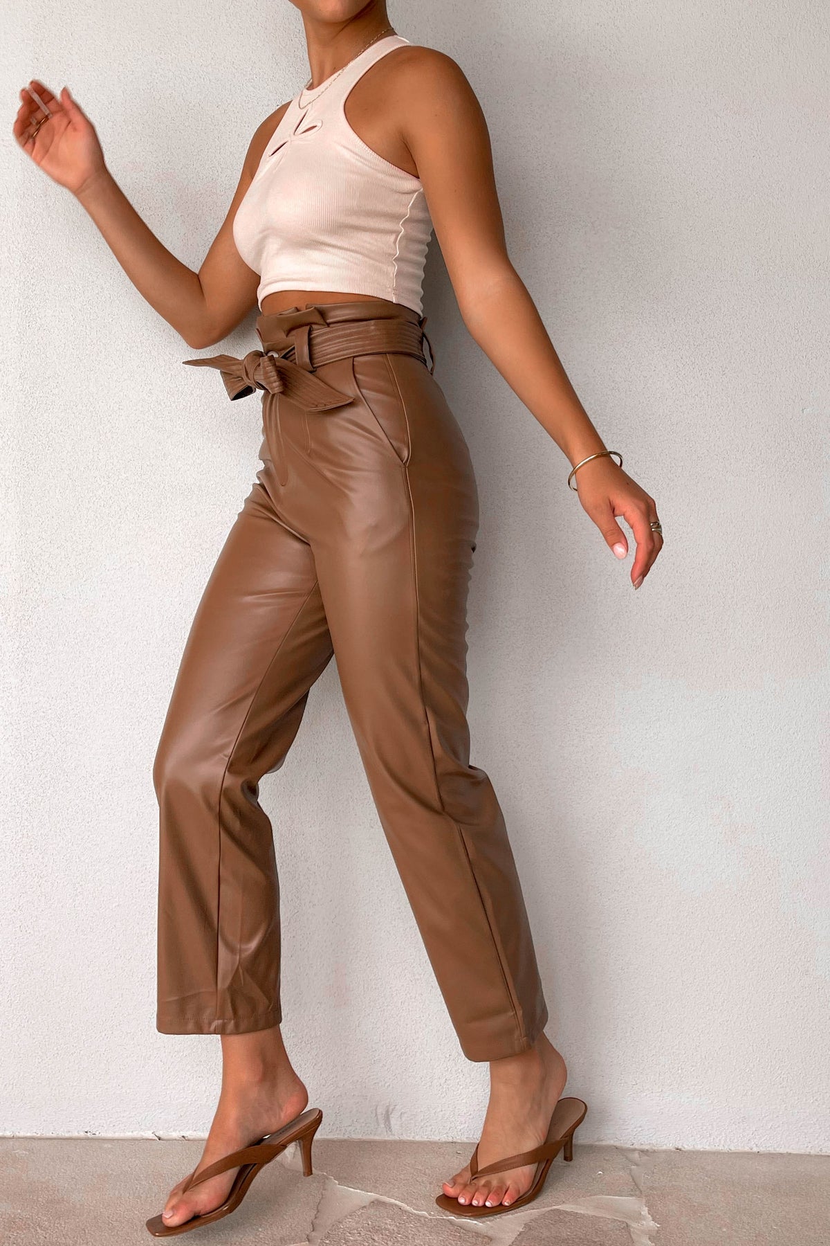 Reality Pants, BOTTOMS, BROWN, HIGH WAISTED PANTS, new arrivals, PANTS, PU AND POLYESTER AND RAYON, , -MISHKAH