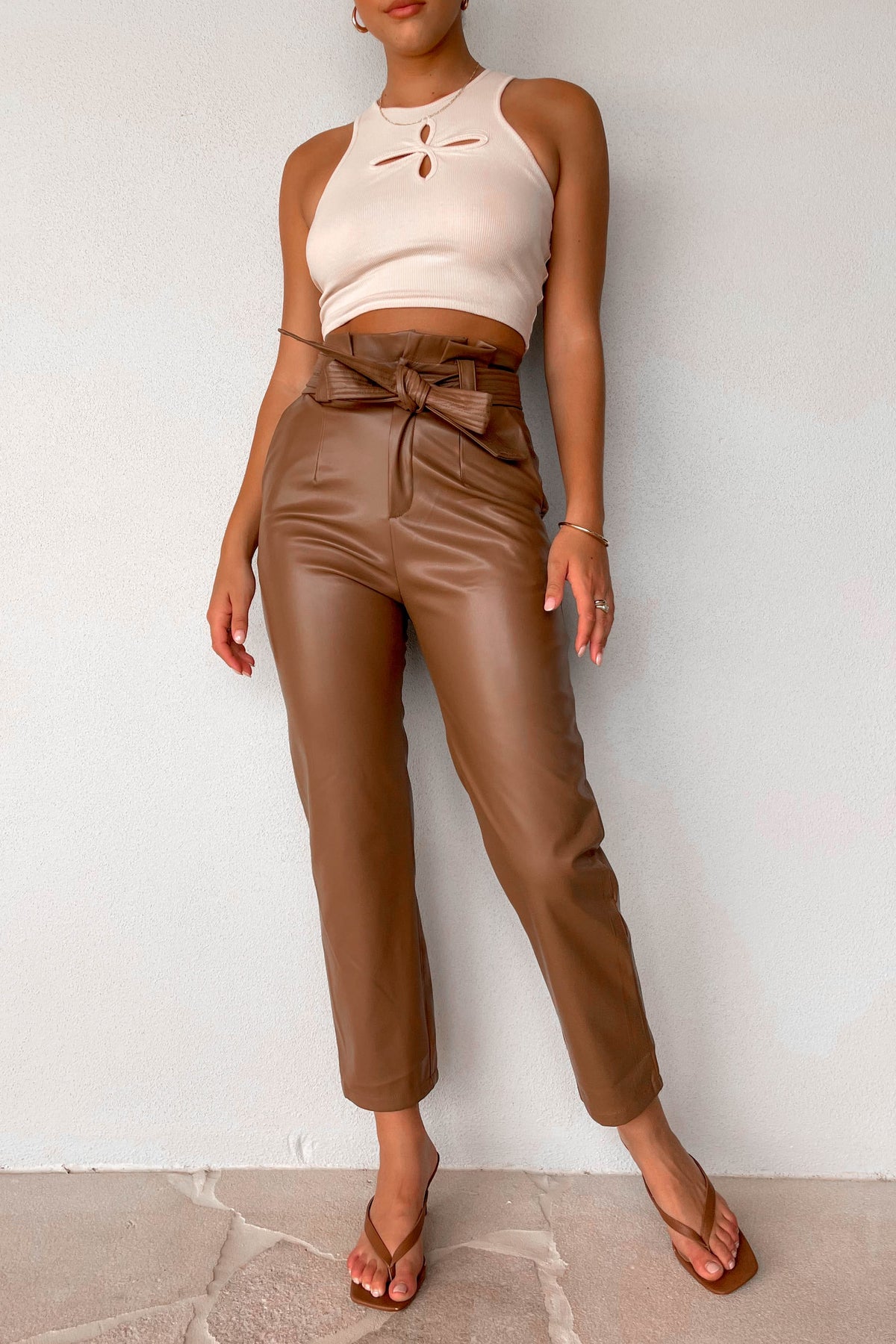 Reality Pants, BOTTOMS, BROWN, HIGH WAISTED PANTS, new arrivals, PANTS, PU AND POLYESTER AND RAYON, , -MISHKAH