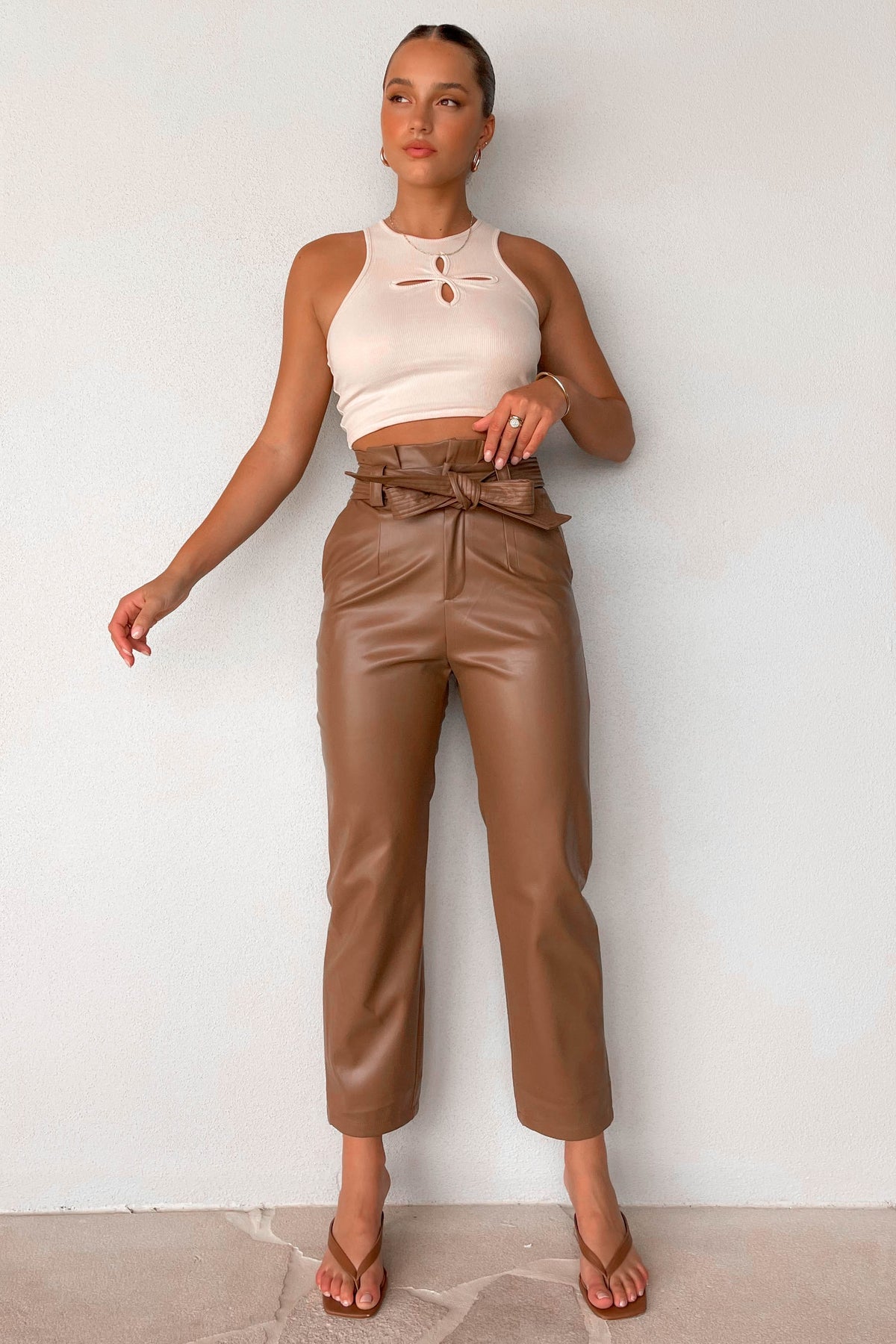 Reality Pants, BOTTOMS, BROWN, HIGH WAISTED PANTS, new arrivals, PANTS, PU AND POLYESTER AND RAYON, , -MISHKAH