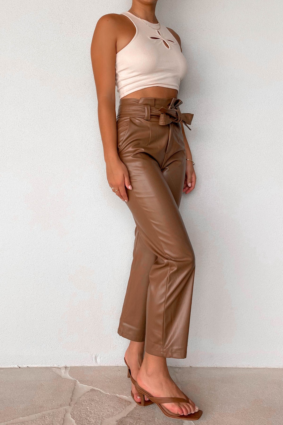 Reality Pants, BOTTOMS, BROWN, HIGH WAISTED PANTS, new arrivals, PANTS, PU AND POLYESTER AND RAYON, , -MISHKAH