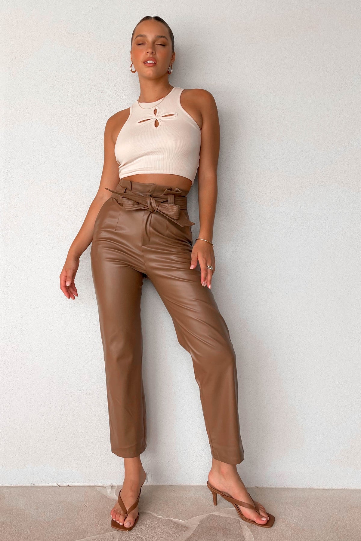 Reality Pants, BOTTOMS, BROWN, HIGH WAISTED PANTS, new arrivals, PANTS, PU AND POLYESTER AND RAYON, , -MISHKAH