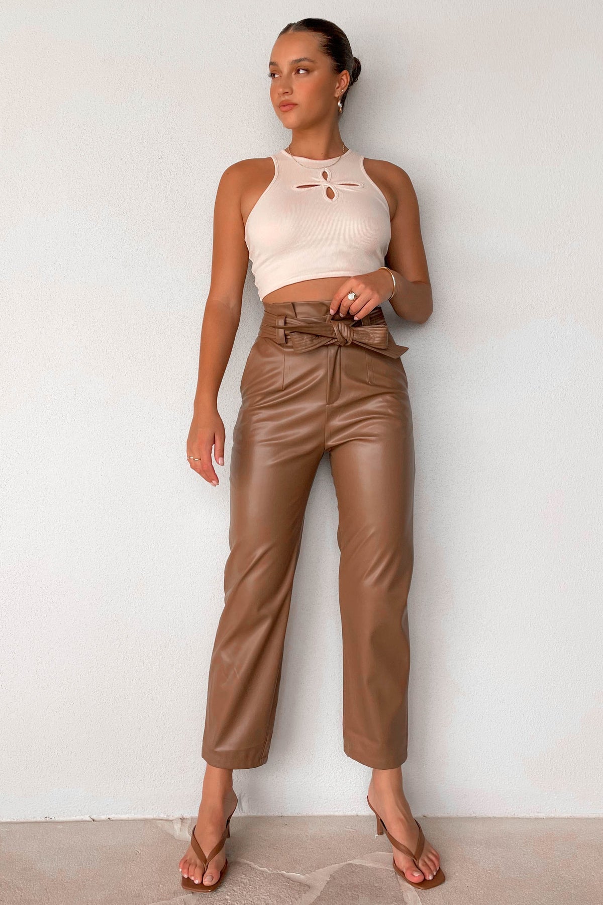 Reality Pants, BOTTOMS, BROWN, HIGH WAISTED PANTS, new arrivals, PANTS, PU AND POLYESTER AND RAYON, , -MISHKAH