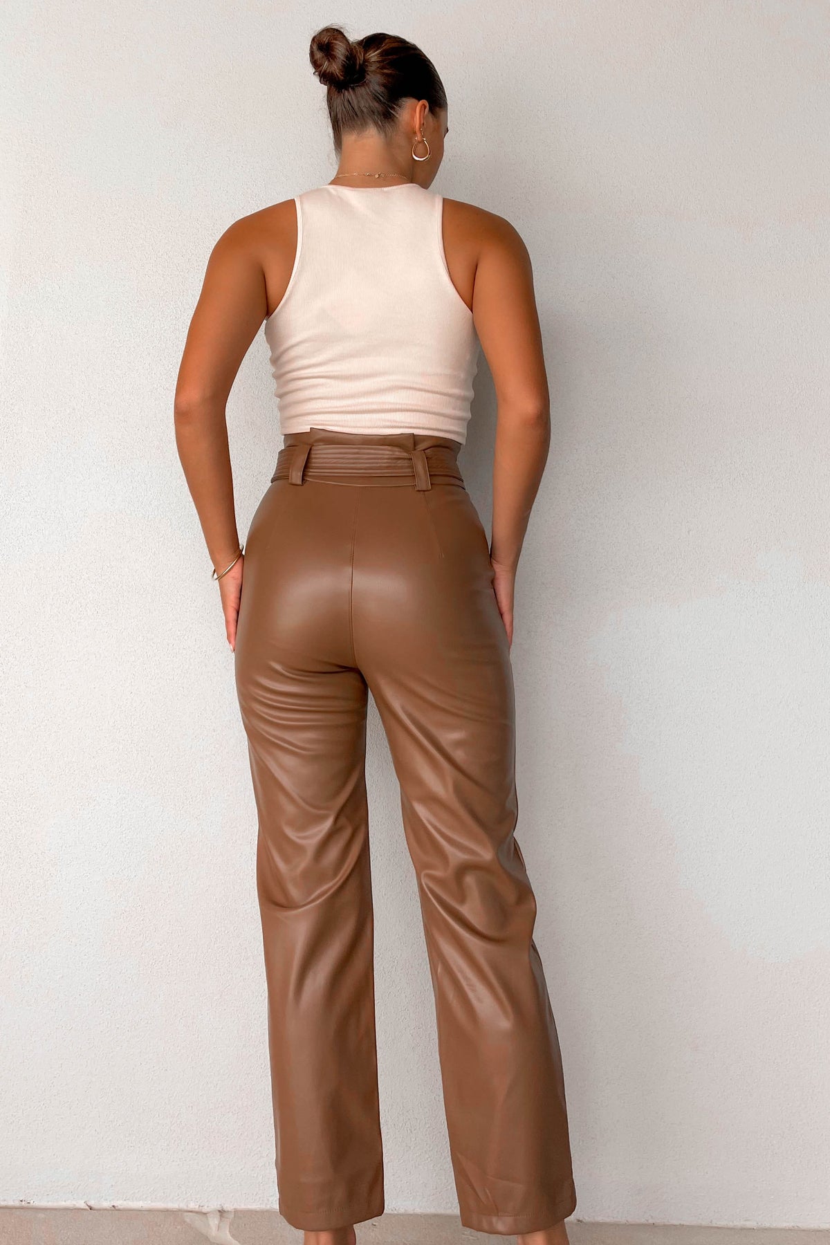 Reality Pants, BOTTOMS, BROWN, HIGH WAISTED PANTS, new arrivals, PANTS, PU AND POLYESTER AND RAYON, , -MISHKAH