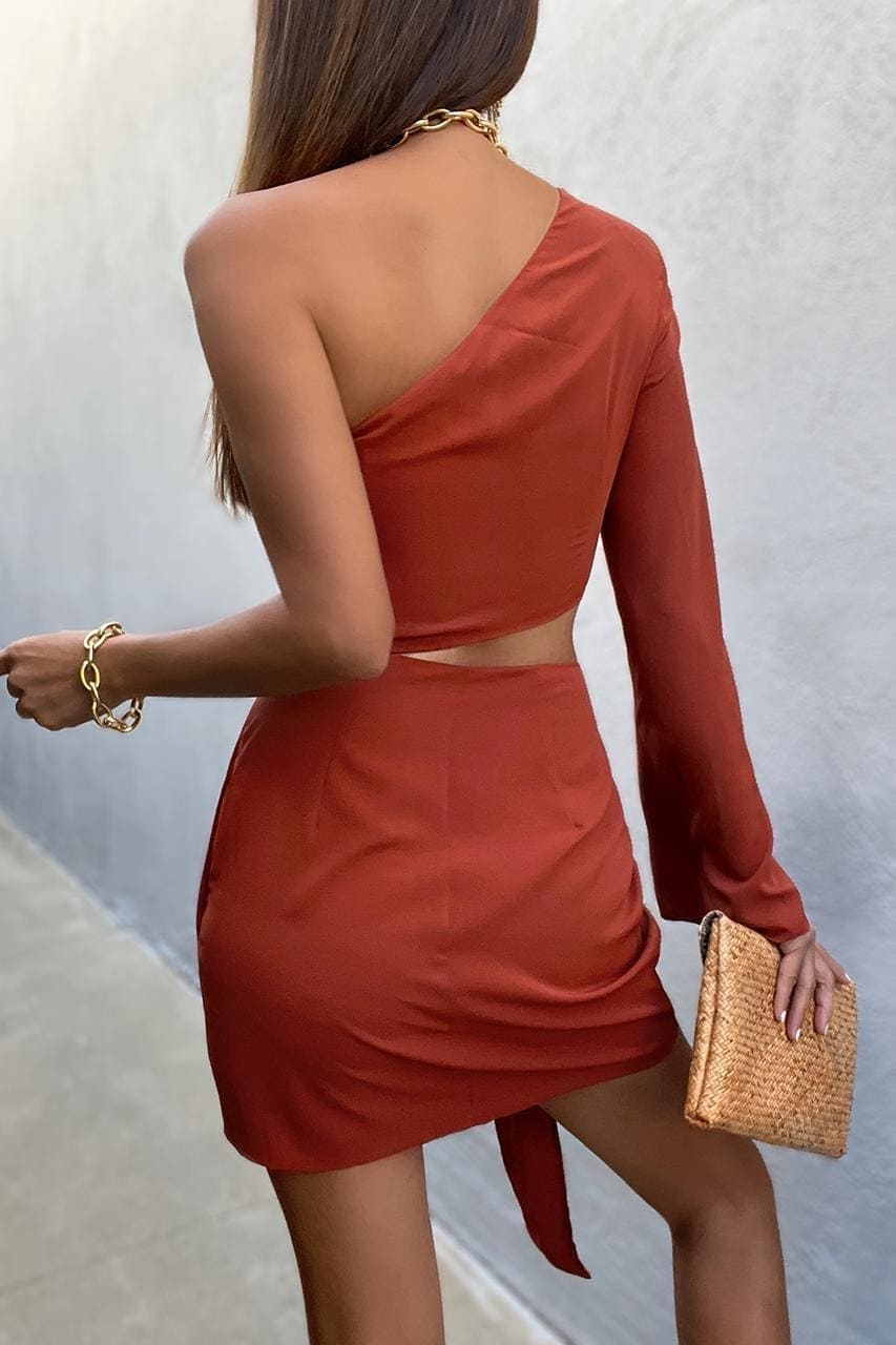 Sammy Dress, BROWN, CUT OUT, DRESS, DRESSES, LONG SLEEVE, MINI DRESS, ONE SHOULDER, ONE SLEEVE, RED, WAIST TIE, WRAP, WRAP DRESS, Sammy Dress only $121.00 @ MISHKAH ONLINE FASHION BOUTIQUE, Shop The Latest Women&#39;s Dresses - Our New Sammy Dress is only $121.00, @ MISHKAH ONLINE FASHION BOUTIQUE-MISHKAH