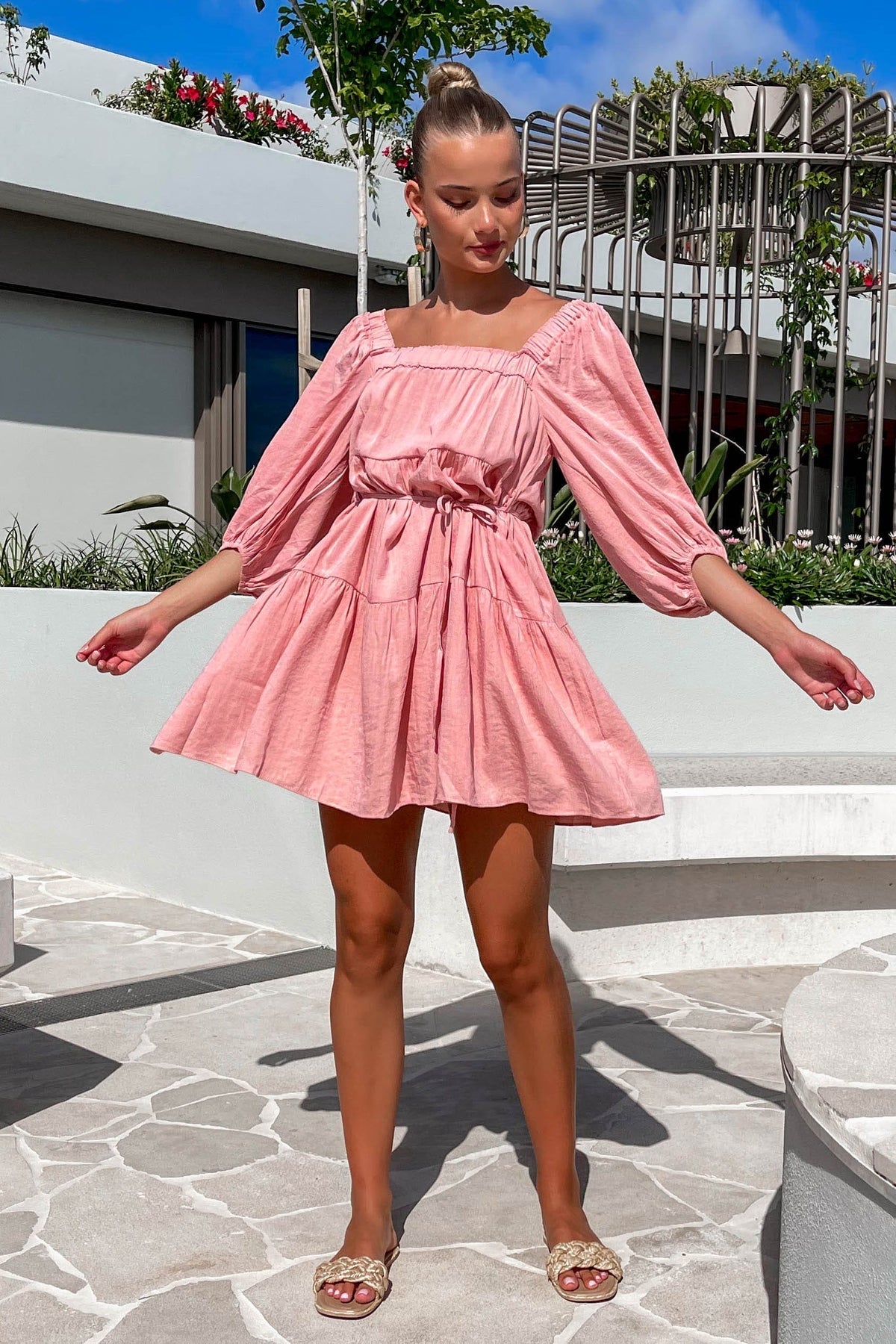 Sellia Dress, COTTON &amp; POLYESTER, COTTON AND POLYESTER, DRESS, DRESSES, LONG SLEEVE, MINI DRESS, new arrivals, OFF SHOULDER, PINK, POLYESTER AND COTTON, WAIST TIE, , -MISHKAH