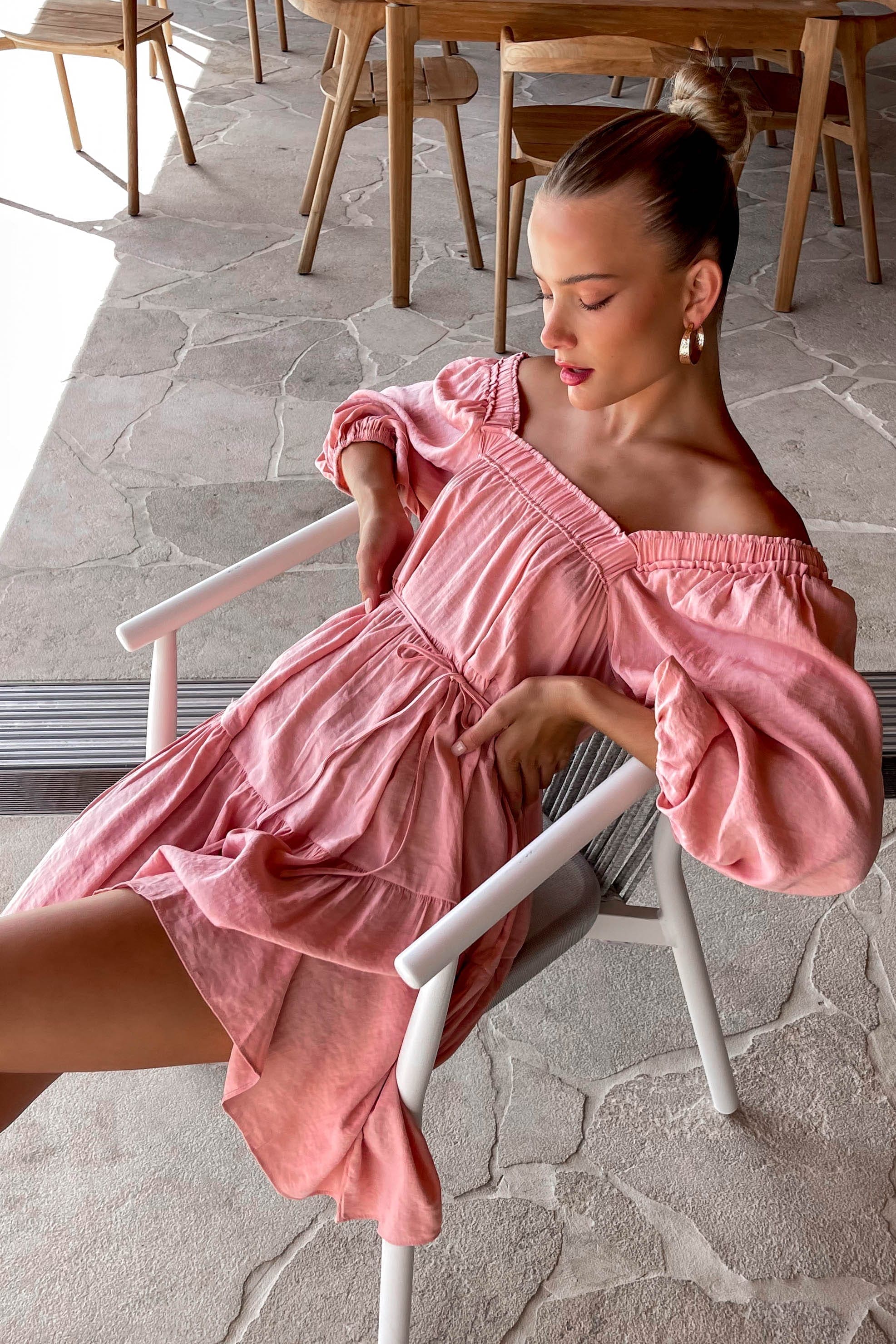 Sellia Dress, COTTON & POLYESTER, COTTON AND POLYESTER, DRESS, DRESSES, LONG SLEEVE, MINI DRESS, new arrivals, OFF SHOULDER, PINK, POLYESTER AND COTTON, WAIST TIE, , -MISHKAH