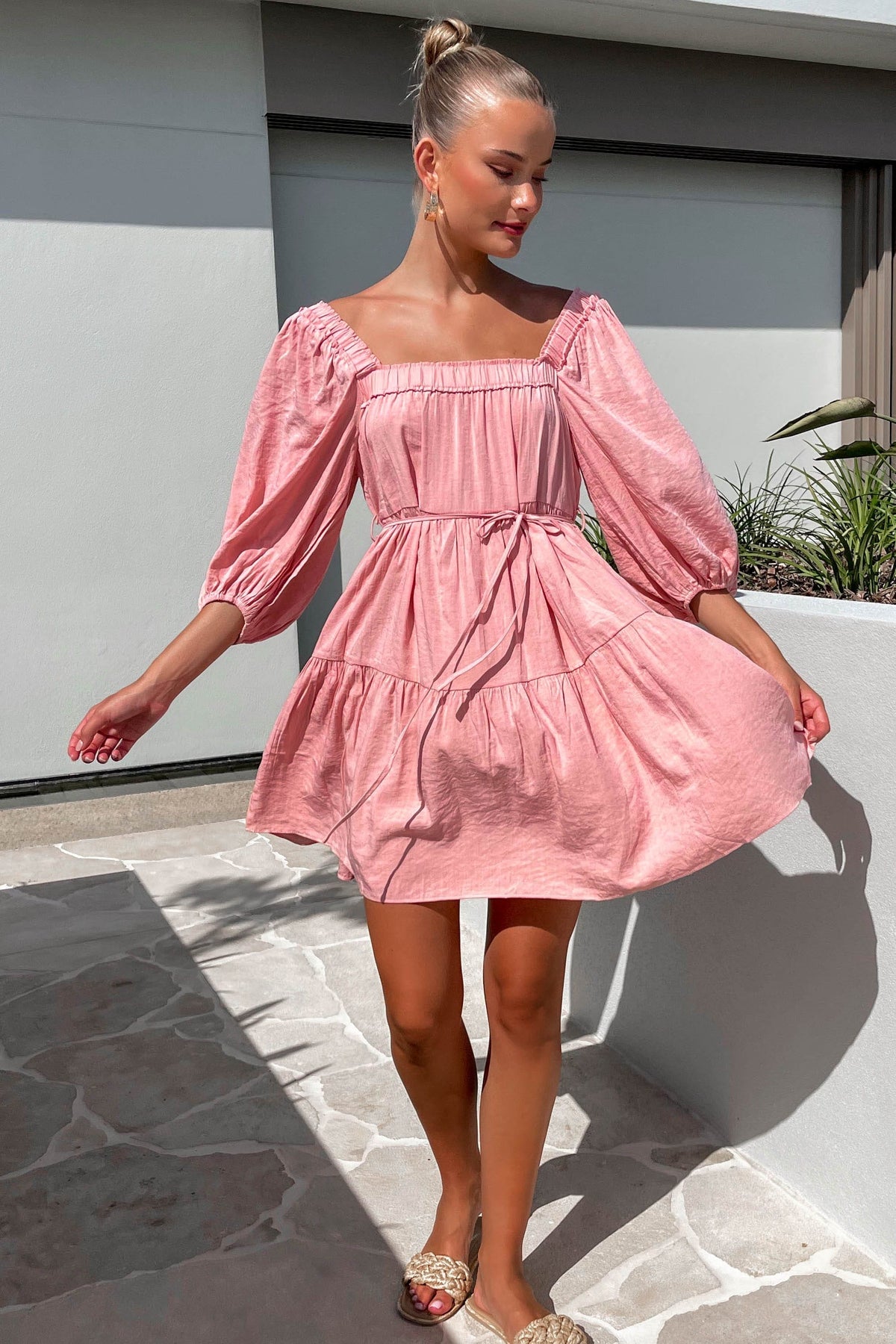 Sellia Dress, COTTON &amp; POLYESTER, COTTON AND POLYESTER, DRESS, DRESSES, LONG SLEEVE, MINI DRESS, new arrivals, OFF SHOULDER, PINK, POLYESTER AND COTTON, WAIST TIE, , -MISHKAH