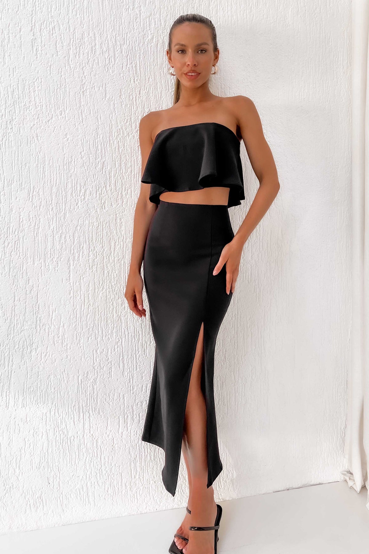 Simple Time Set, BLACK, BOTTOMS, CROP TOP, CROP TOPS, HIGH WAISTED SETS, MIDI SKIRT, new arrivals, POLYESTER &amp; SPANDEX, POLYESTER AND SPANDEX, SETS, SKIRTS, SPANDEX AND POLYESTER, TOP, TOPS, , -MISHKAH