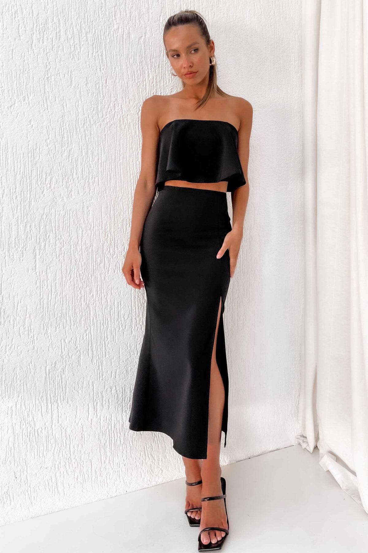 Simple Time Set, BLACK, BOTTOMS, CROP TOP, CROP TOPS, HIGH WAISTED SETS, MIDI SKIRT, new arrivals, POLYESTER &amp; SPANDEX, POLYESTER AND SPANDEX, SETS, SKIRTS, SPANDEX AND POLYESTER, TOP, TOPS, , -MISHKAH
