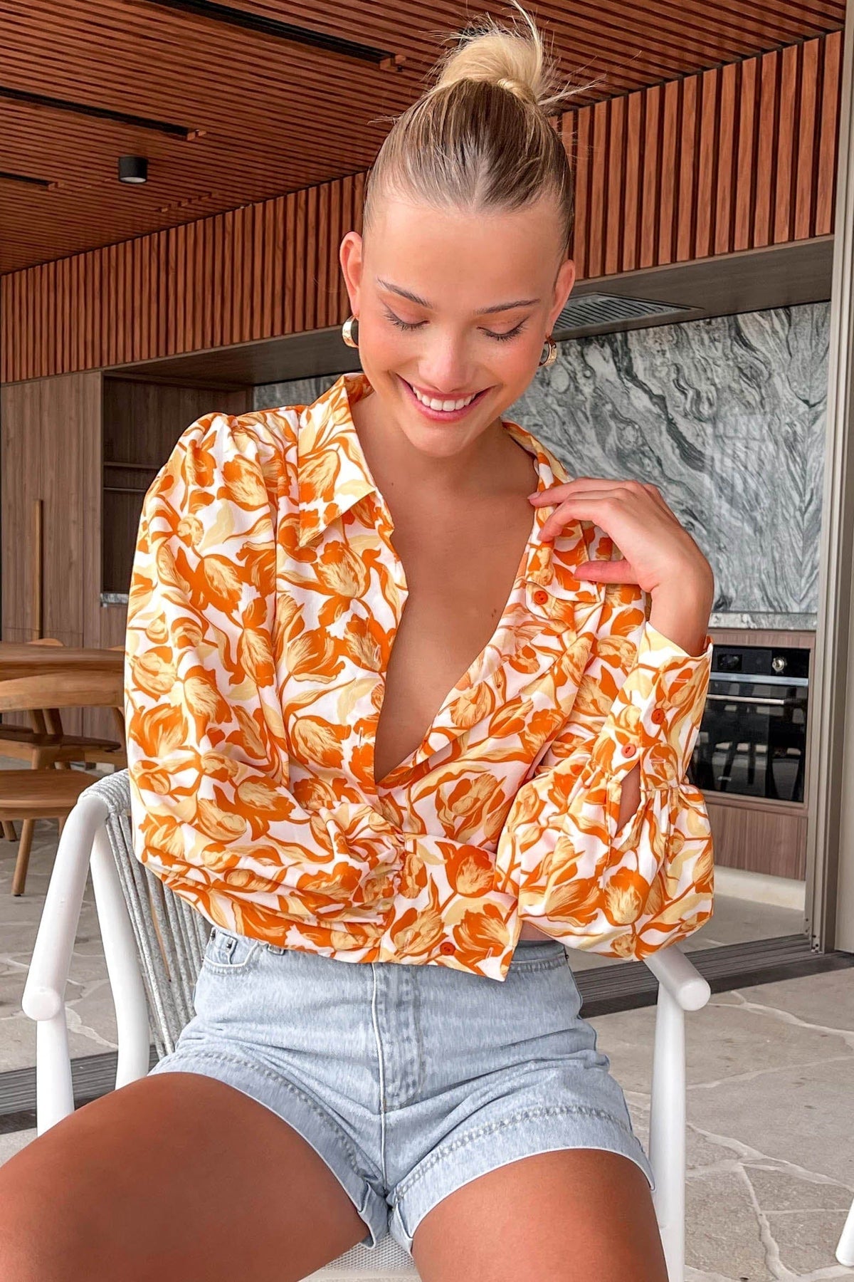 Soffia Top, COTTON &amp; POLYESTER, COTTON AND POLYESTER, FLORAL, FLORALS, LONG SLEEVE, new arrivals, ORANGE, POLYESTER AND COTTON, TOP, TOPS, , -MISHKAH