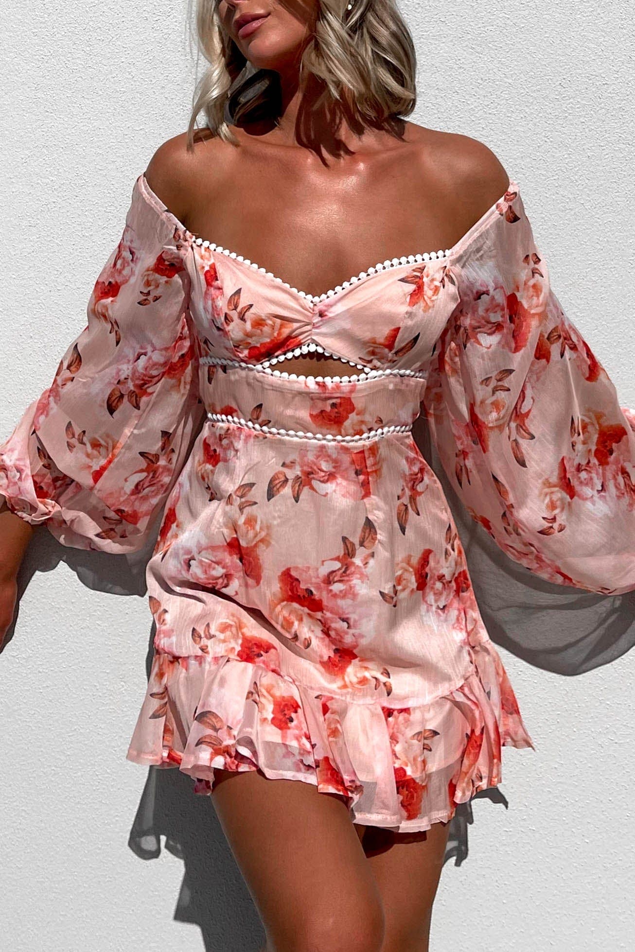 Stasey Dress, BALLOON SLEEVE, DRESS, DRESSES, FLORAL, FLORALS, LONG SLEEVE, MINI DRESS, new arrivals, PINK, POLYESTER, , -MISHKAH