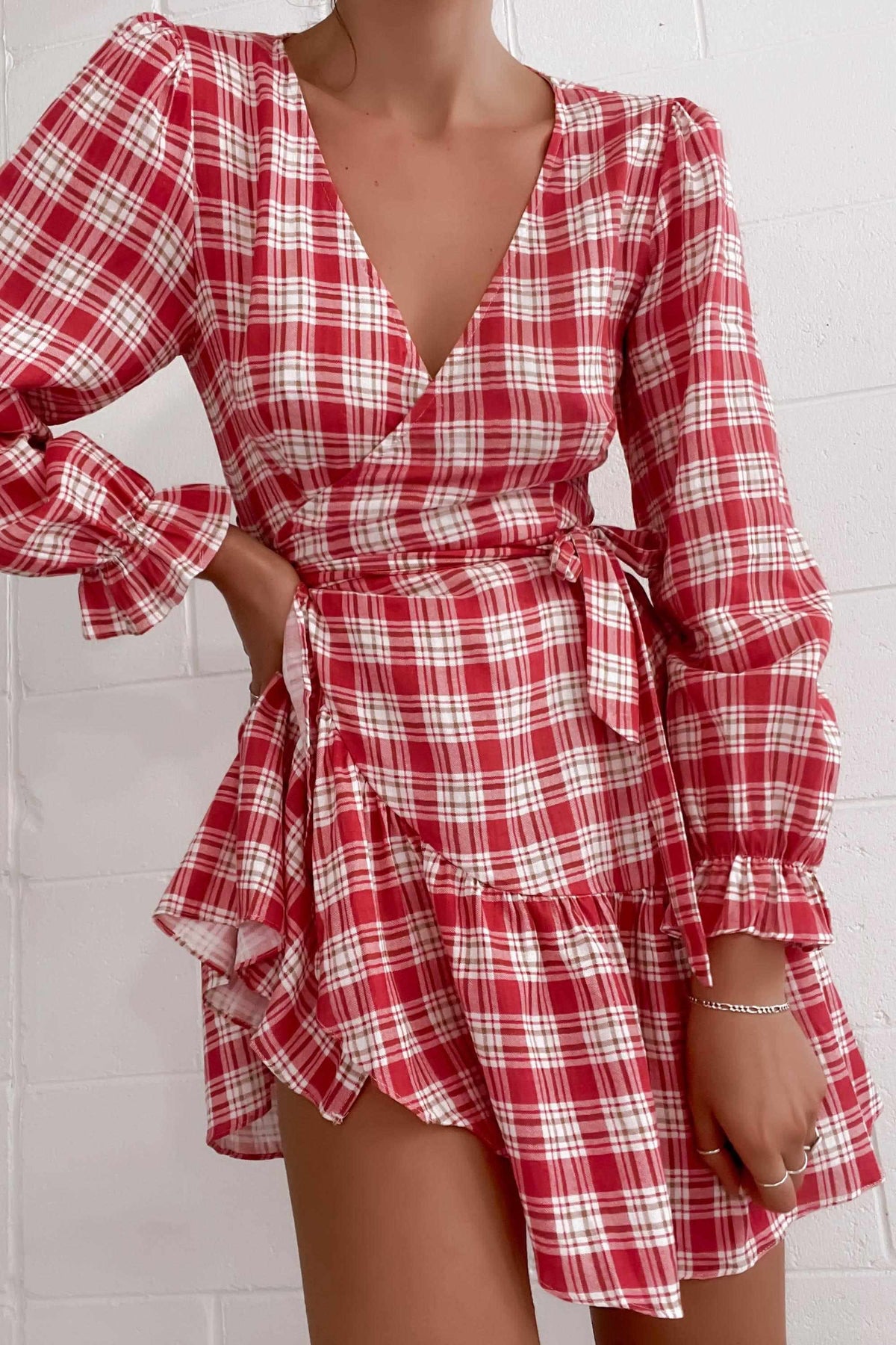 Stephy Dress, BALLOON SLEEVE, CHECK, COTTON, DRESS, DRESSES, LINEN, LONG SLEEVE, PINK, PRINT, Sale, TIE UP, WAIST TIE, WRAP, WRAP DRESS, Stephy Dress only $61.00 @ MISHKAH ONLINE FASHION BOUTIQUE, Shop The Latest Women&#39;s Dresses - Our New Stephy Dress is only $61.00, @ MISHKAH ONLINE FASHION BOUTIQUE-MISHKAH