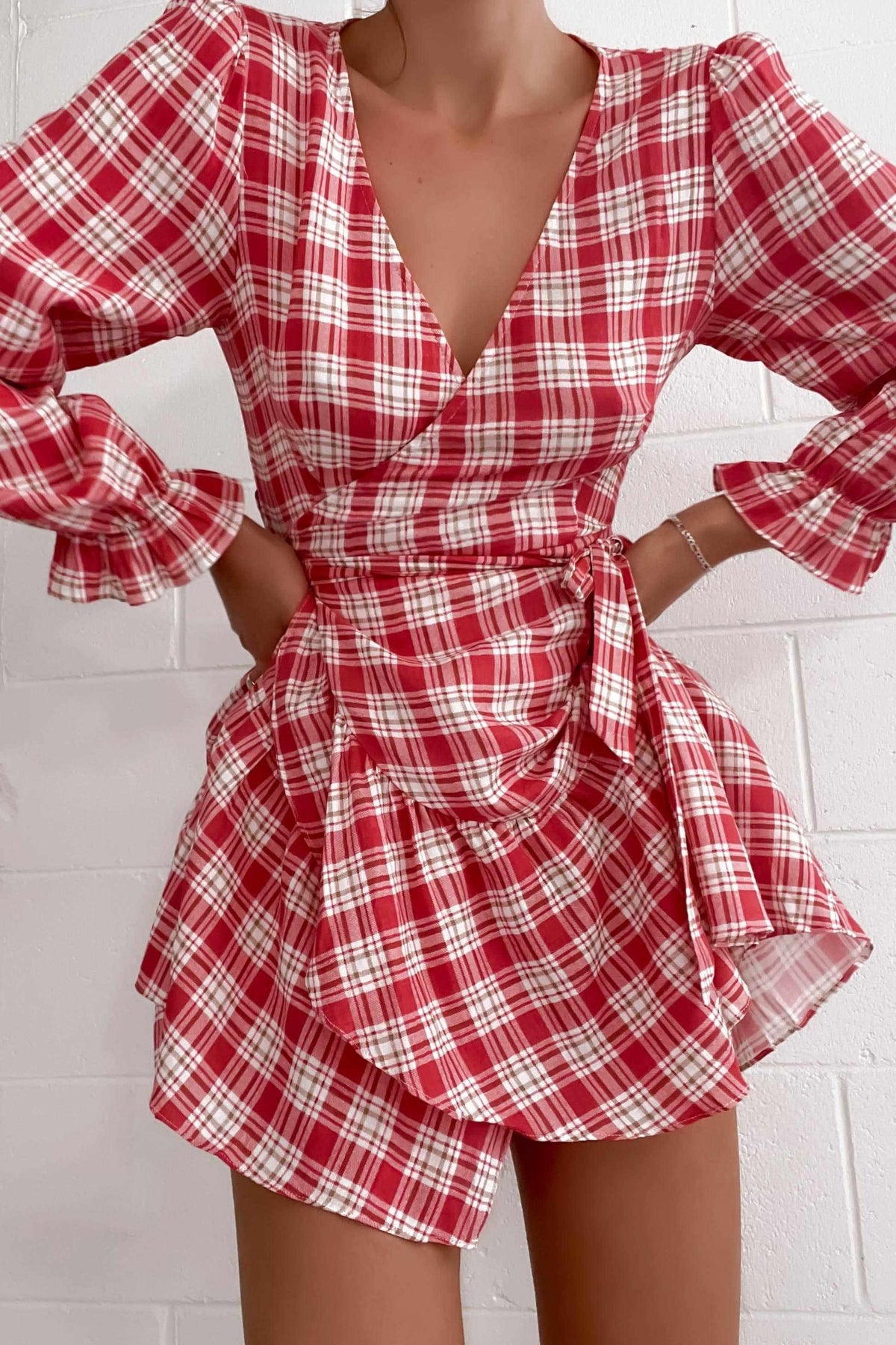 Stephy Dress, BALLOON SLEEVE, CHECK, COTTON, DRESS, DRESSES, LINEN, LONG SLEEVE, PINK, PRINT, Sale, TIE UP, WAIST TIE, WRAP, WRAP DRESS, Stephy Dress only $61.00 @ MISHKAH ONLINE FASHION BOUTIQUE, Shop The Latest Women&#39;s Dresses - Our New Stephy Dress is only $61.00, @ MISHKAH ONLINE FASHION BOUTIQUE-MISHKAH