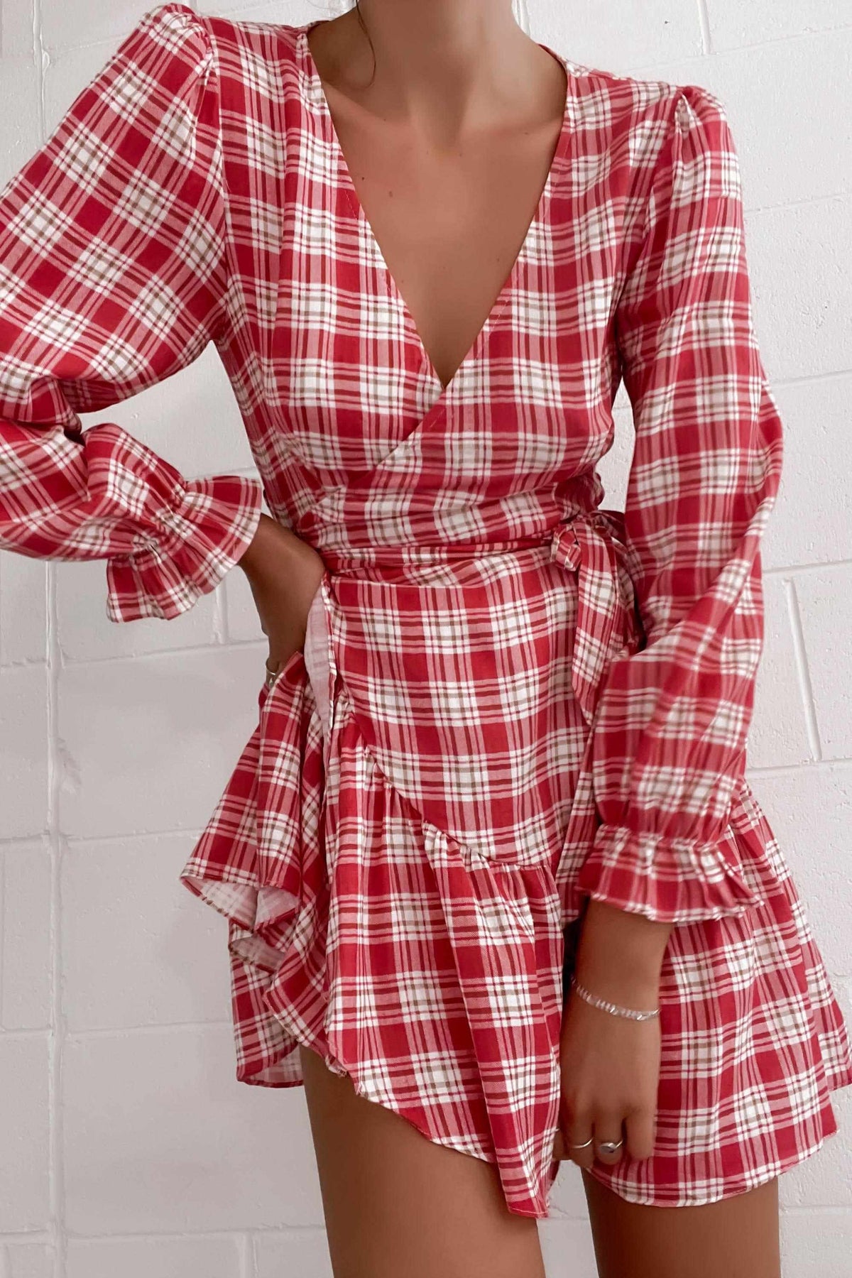 Stephy Dress, BALLOON SLEEVE, CHECK, COTTON, DRESS, DRESSES, LINEN, LONG SLEEVE, PINK, PRINT, Sale, TIE UP, WAIST TIE, WRAP, WRAP DRESS, Stephy Dress only $61.00 @ MISHKAH ONLINE FASHION BOUTIQUE, Shop The Latest Women&#39;s Dresses - Our New Stephy Dress is only $61.00, @ MISHKAH ONLINE FASHION BOUTIQUE-MISHKAH