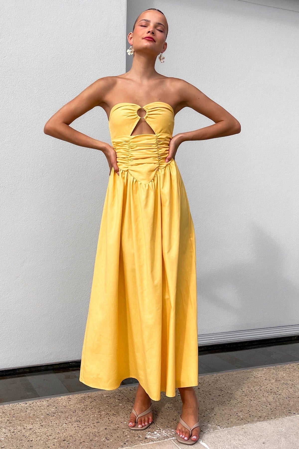 Sunshine Dress, DRESS, DRESSES, MAXI DRESS, MIDI DRESS, new arrivals, STRAPLESS, VISCOSE &amp; LINEN &amp; COTTON &amp; POLYESTER, VISCOSE AND LINEN AND COTTON AND POLYESTER, YELLOW, , -MISHKAH