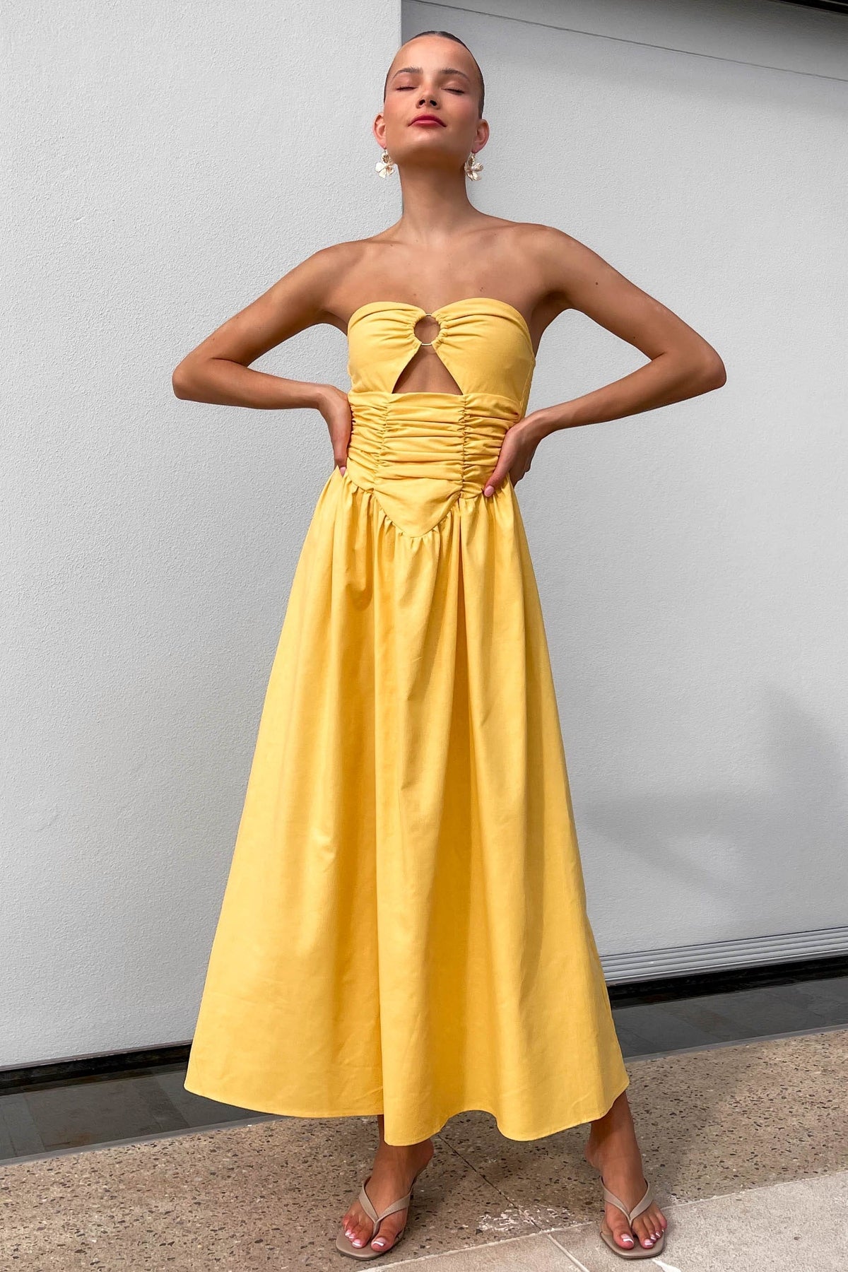 Sunshine Dress, DRESS, DRESSES, MAXI DRESS, MIDI DRESS, new arrivals, STRAPLESS, VISCOSE &amp; LINEN &amp; COTTON &amp; POLYESTER, VISCOSE AND LINEN AND COTTON AND POLYESTER, YELLOW, , -MISHKAH