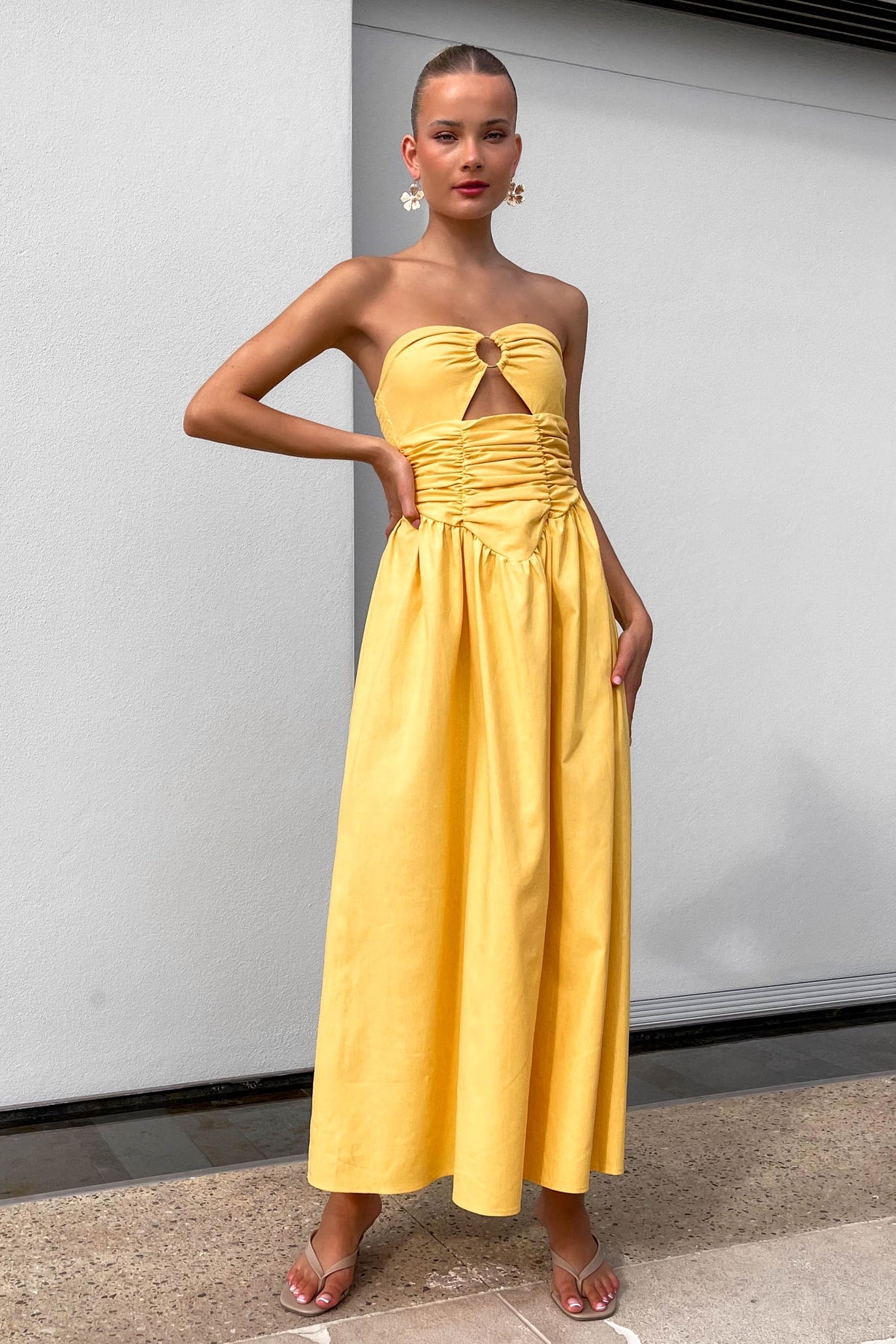 Sunshine Dress, DRESS, DRESSES, MAXI DRESS, MIDI DRESS, new arrivals, STRAPLESS, VISCOSE &amp; LINEN &amp; COTTON &amp; POLYESTER, VISCOSE AND LINEN AND COTTON AND POLYESTER, YELLOW, , -MISHKAH