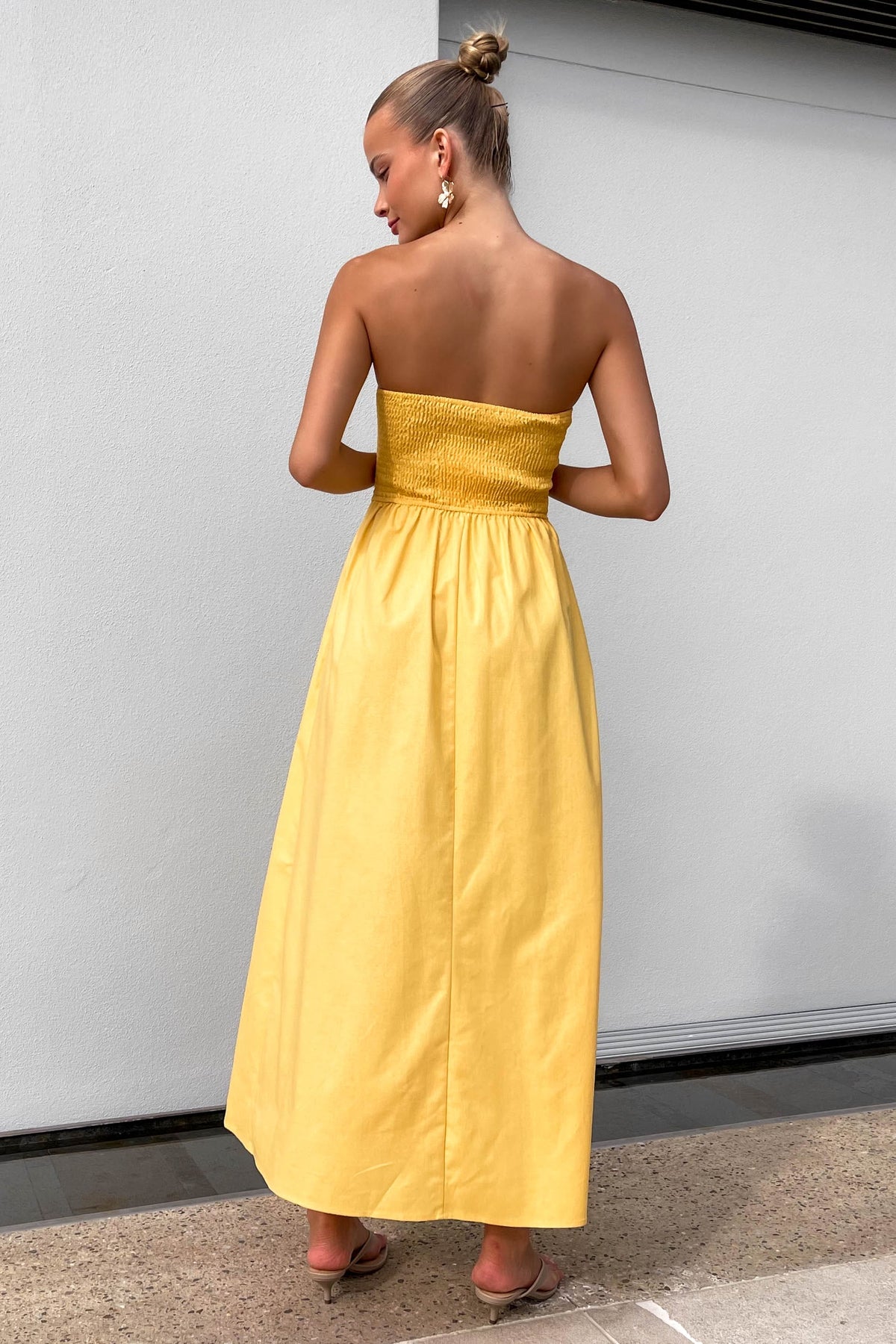 Sunshine Dress, DRESS, DRESSES, MAXI DRESS, MIDI DRESS, new arrivals, STRAPLESS, VISCOSE &amp; LINEN &amp; COTTON &amp; POLYESTER, VISCOSE AND LINEN AND COTTON AND POLYESTER, YELLOW, , -MISHKAH