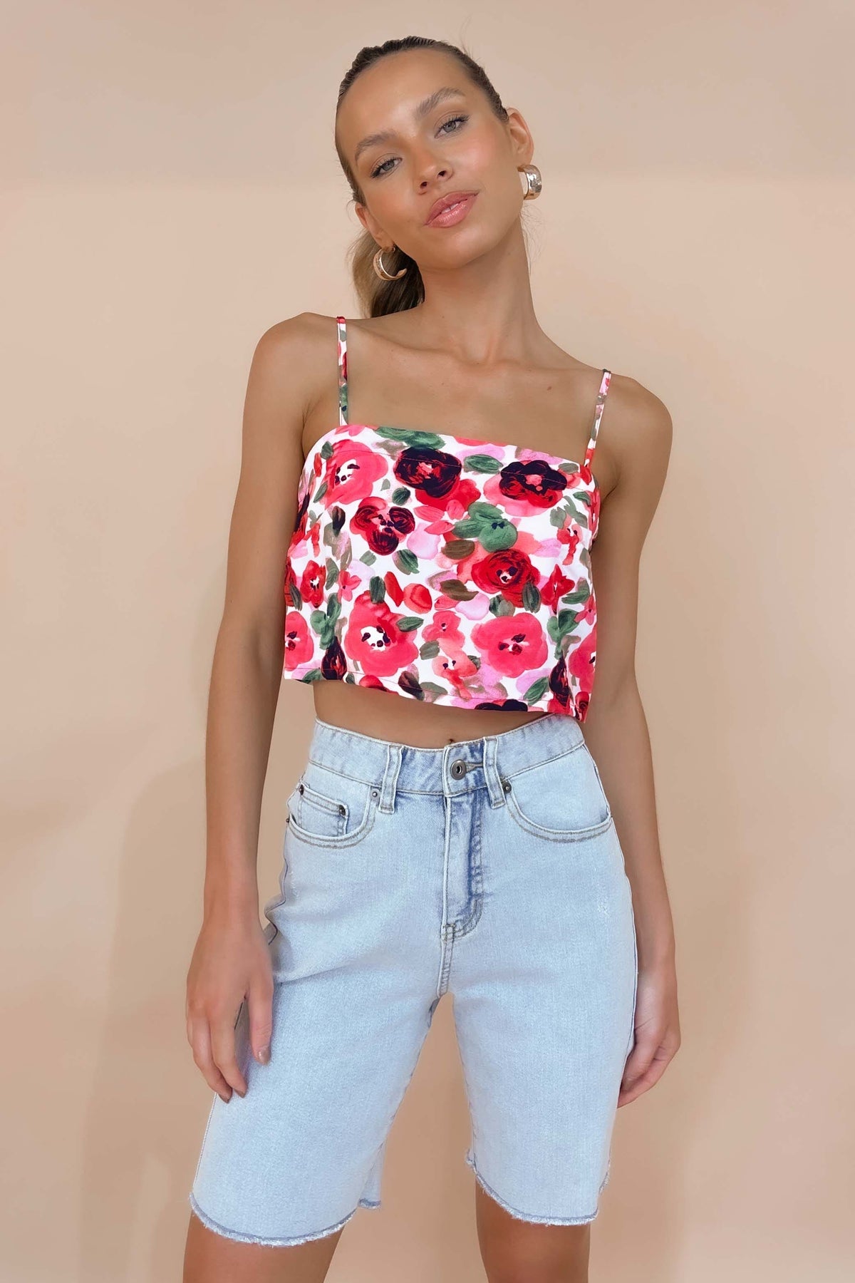Susey Top, COTTON &amp; POLYESTER, COTTON AND POLYESTER, CROP TOP, CROP TOPS, FLORAL, FLORALS, new arrivals, PINK, POLYESTER AND COTTON, TOP, TOPS, , -MISHKAH