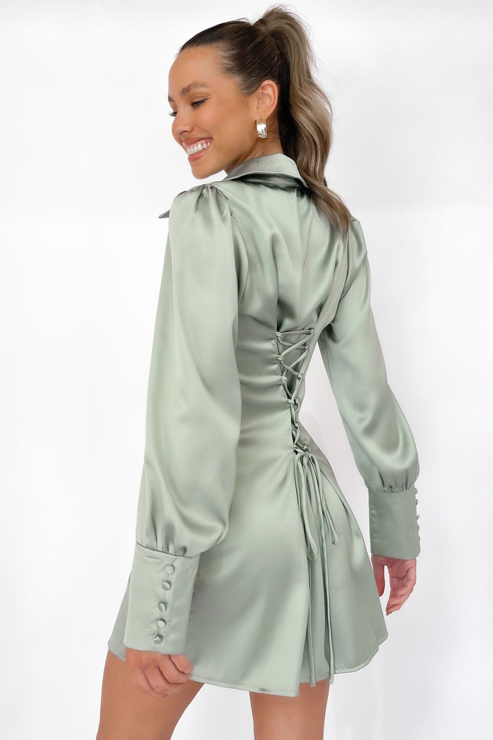 Tadio Dress, DRESS, DRESSES, GREEN, LONG SLEEVE, MINI DRESS, new arrivals, POLYESTER, , -MISHKAH